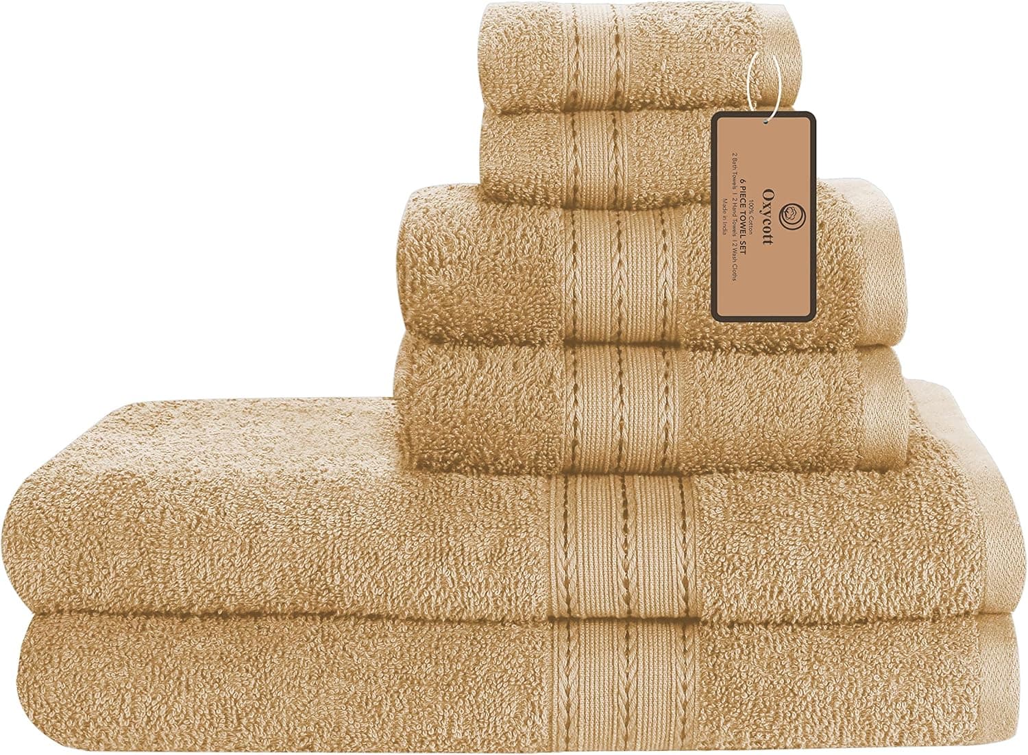 Oxycott Ultra Soft 6 Pack 100% Cotton Towel Set - Contains 2 Bath Towels 27x54 inch, 2 Hand Towels 16x26 inch & 2 Wash Coths 12x12 inch - Ideal for Everyday use - Compact & Lightweight - Beige