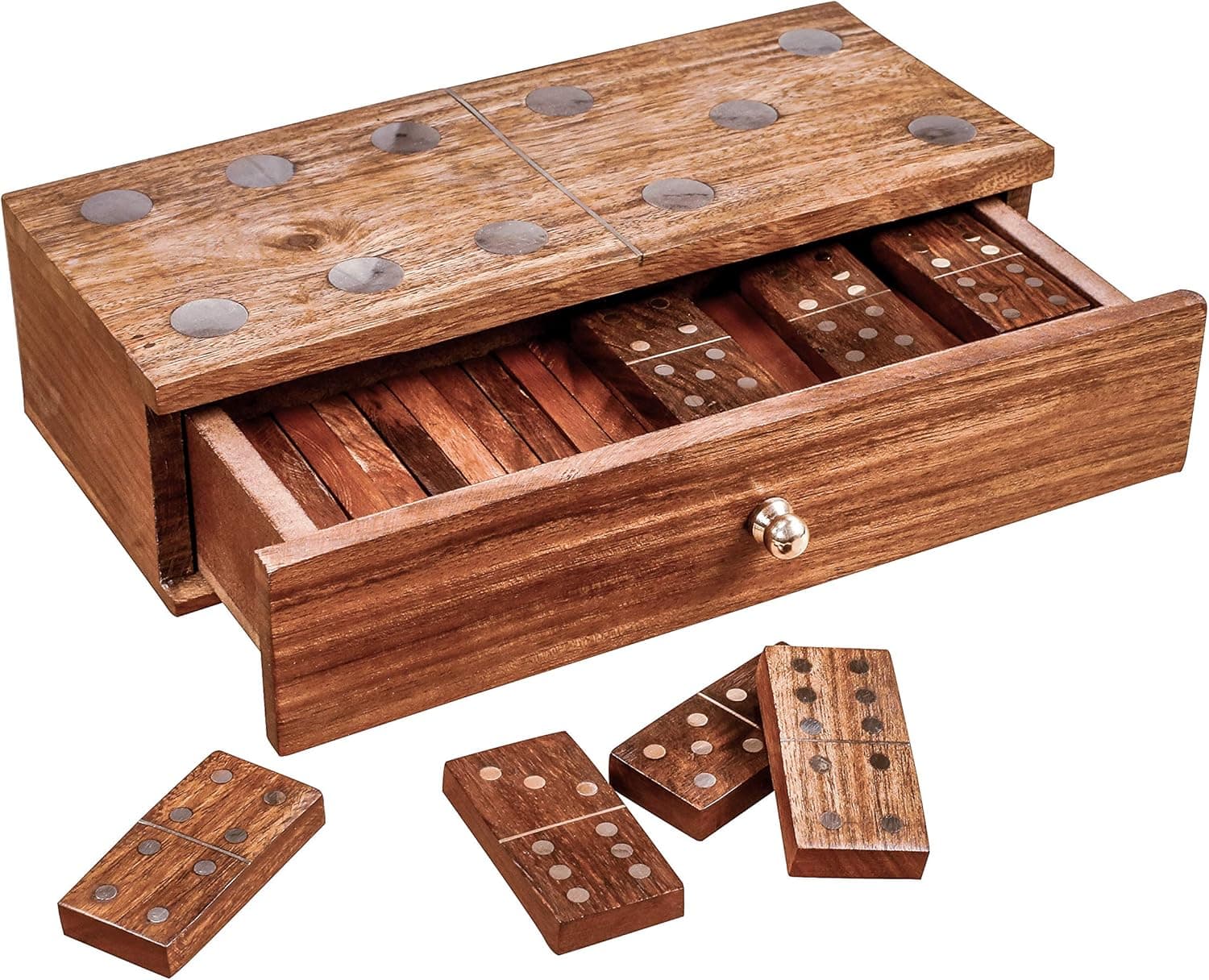 Winlay Handmade Sheesham Wood Dominoes Set | Double Six Professional Jumbo Size Brass Inlay Storage Box - Fun Game for Kids and Adults, Natural