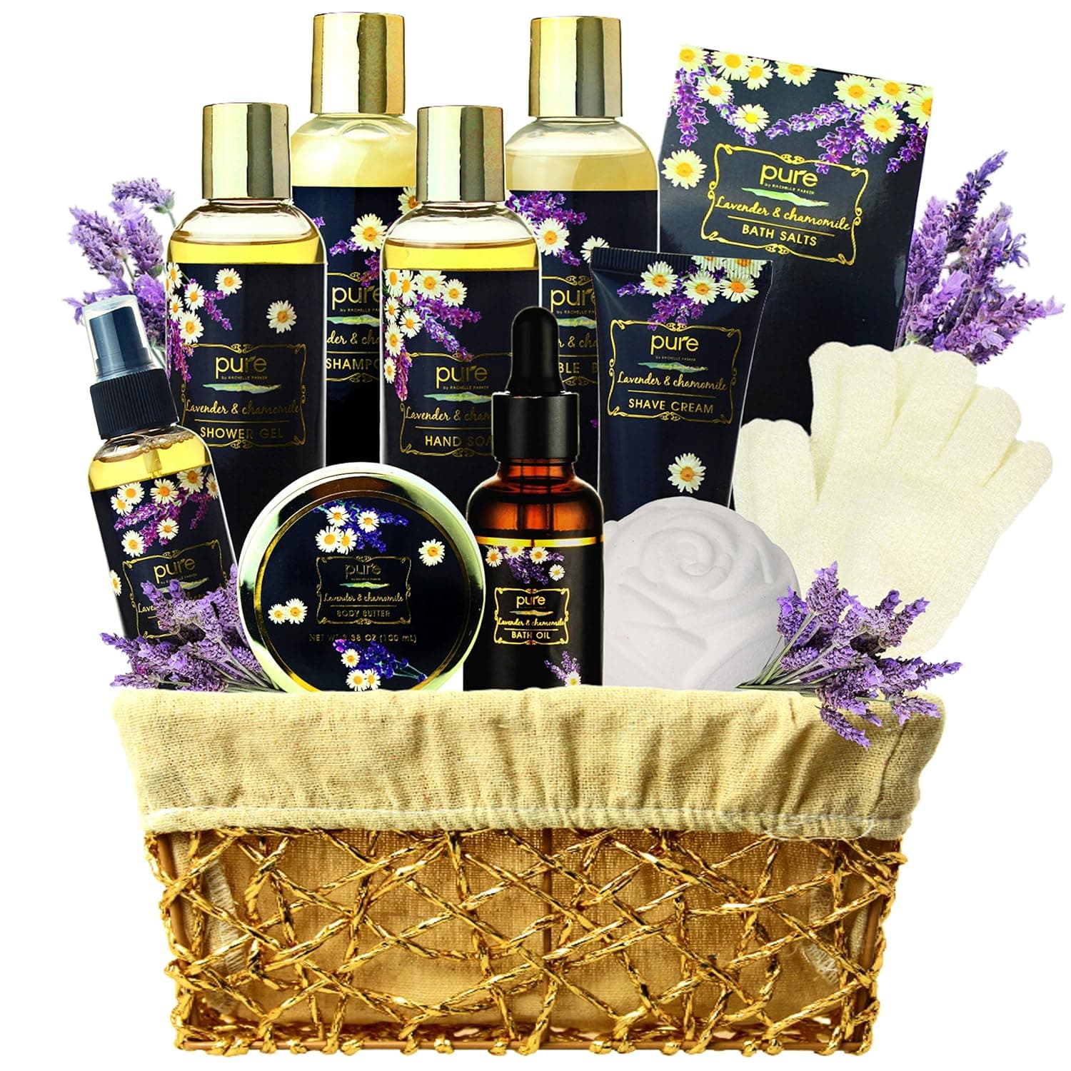Deluxe Spa Basket. Lavender Chamomile Natural Spa Bath Set, Lavender Aromatherapy Luxurious Bath Gift Set 8 Piece Home Spa Kit. Best Relaxing Gift Basket for Mom.