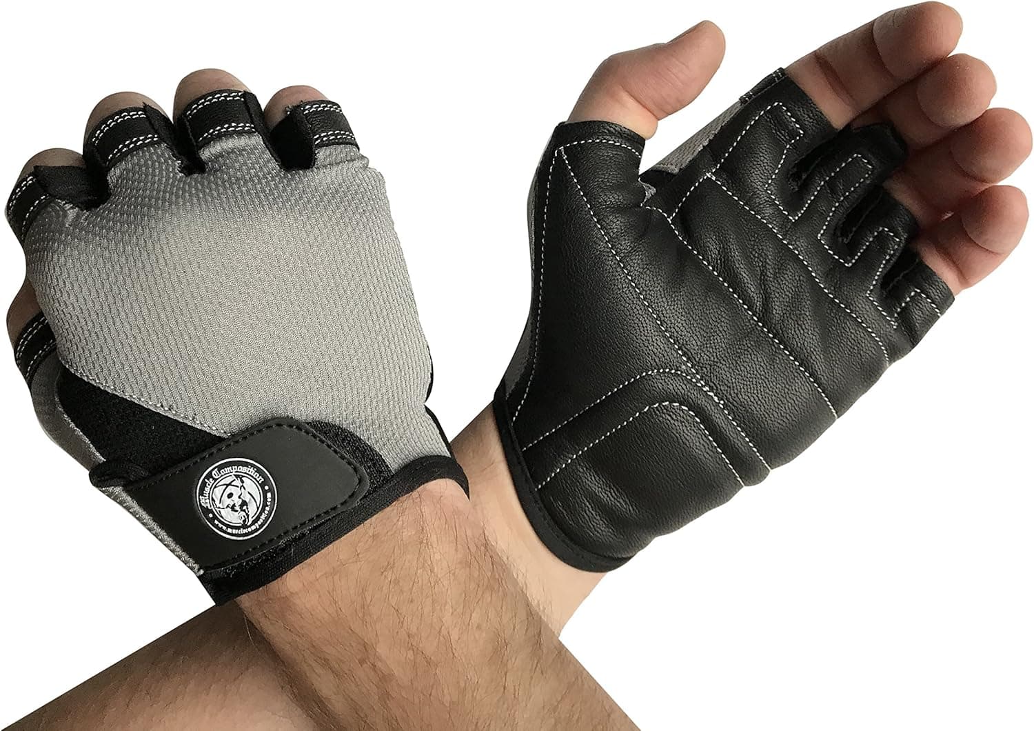 Muscle Composition Pro Grip Leather Gym Gloves for Weightlifting and Crossfit Black/Gray or All Black