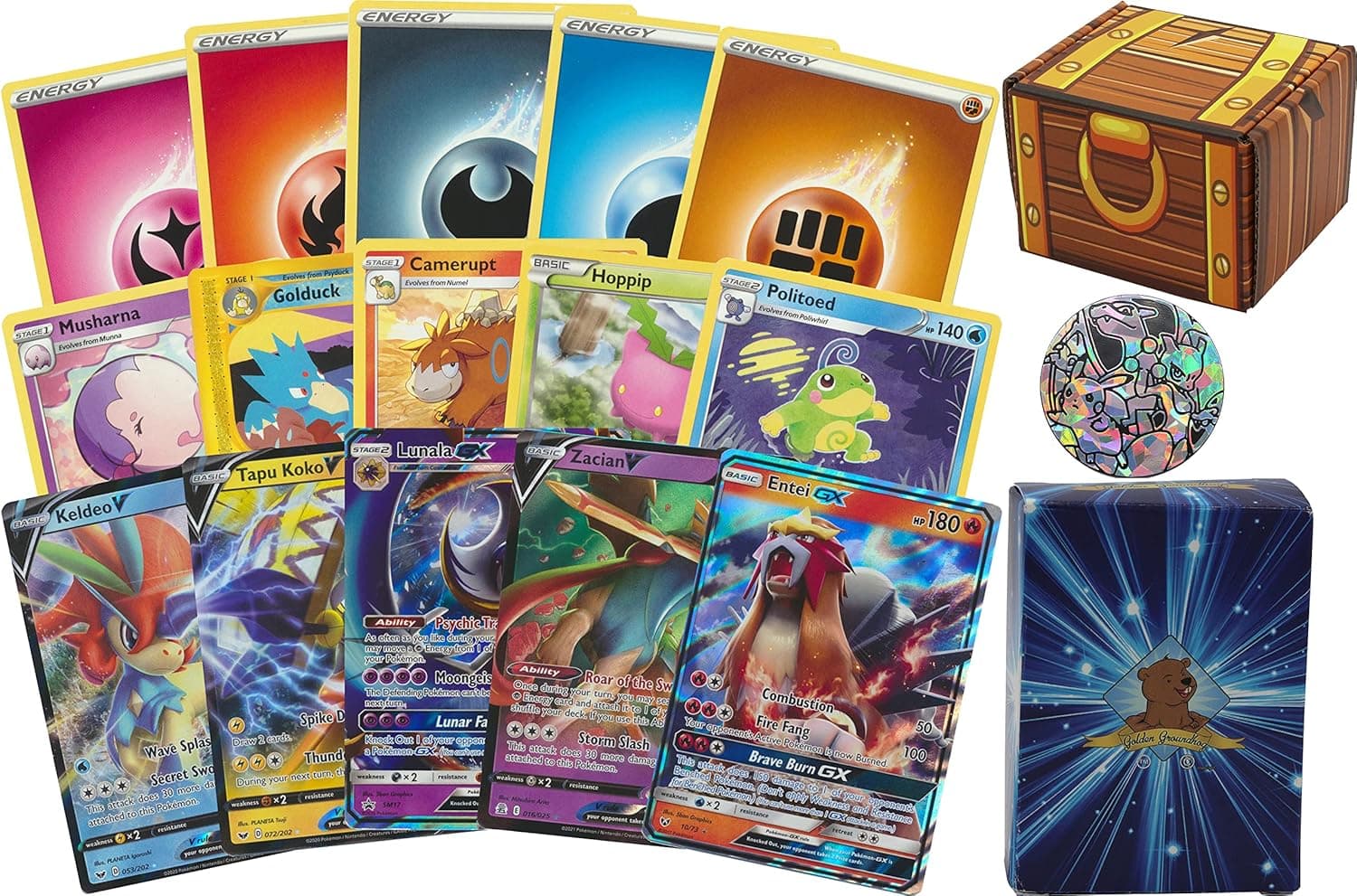 Golden Groundhog TCG Deck Box Including 100 Trading Cards Plus 20 Energy (Bonus 2 Legendary and/or Ultra Rare Beast Ultra Rare Cards Plus Coin)