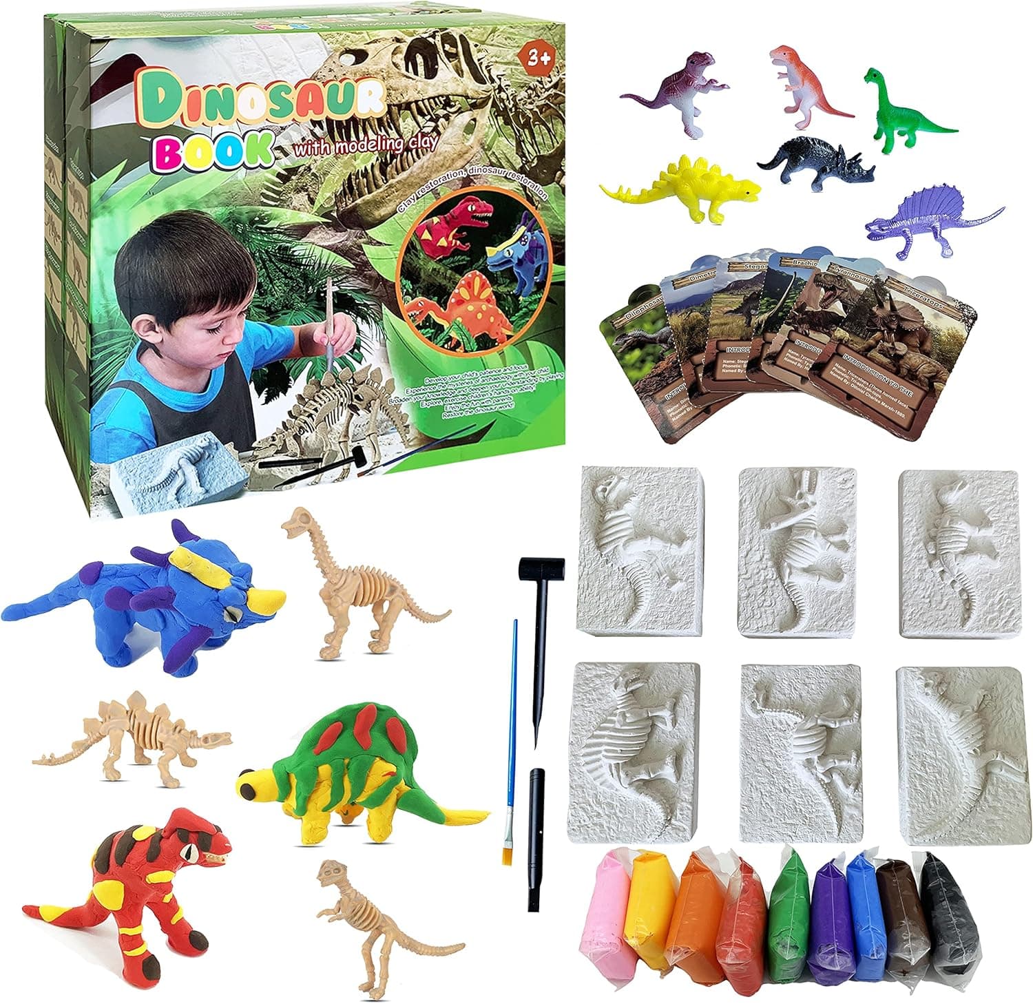 Dino Fossil Dig Kit Science Archaeology STEM Learning & Education Dinosaur Toys with 6 Dino Fossil Kits 9 Clay Kits 6 Dino Mini Figures 6 Cards & Tools for Kids Toddlers Boys & Girls Age 3 4 5 6 7 8