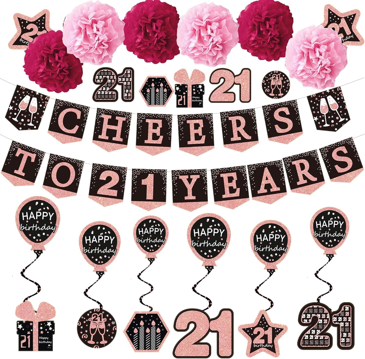 Cheers to 21 Years Banner - (21pack) 21st Birthday Decorations Rose Gold Glitter Banner for her him, 6 Paper Poms, 6 Hanging Swirl, 7 Decorations Stickers. 21 Years Old Party Supplies.…
