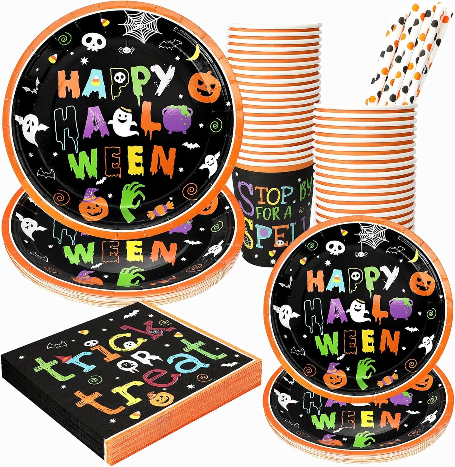 Halloween Plates and Napkins Set, 24 Pack Disposable 7” and 9” Paper Plates with Napkins, Dessert Plates, Cups and Straws, Halloween Kids Party Supplies Decoration