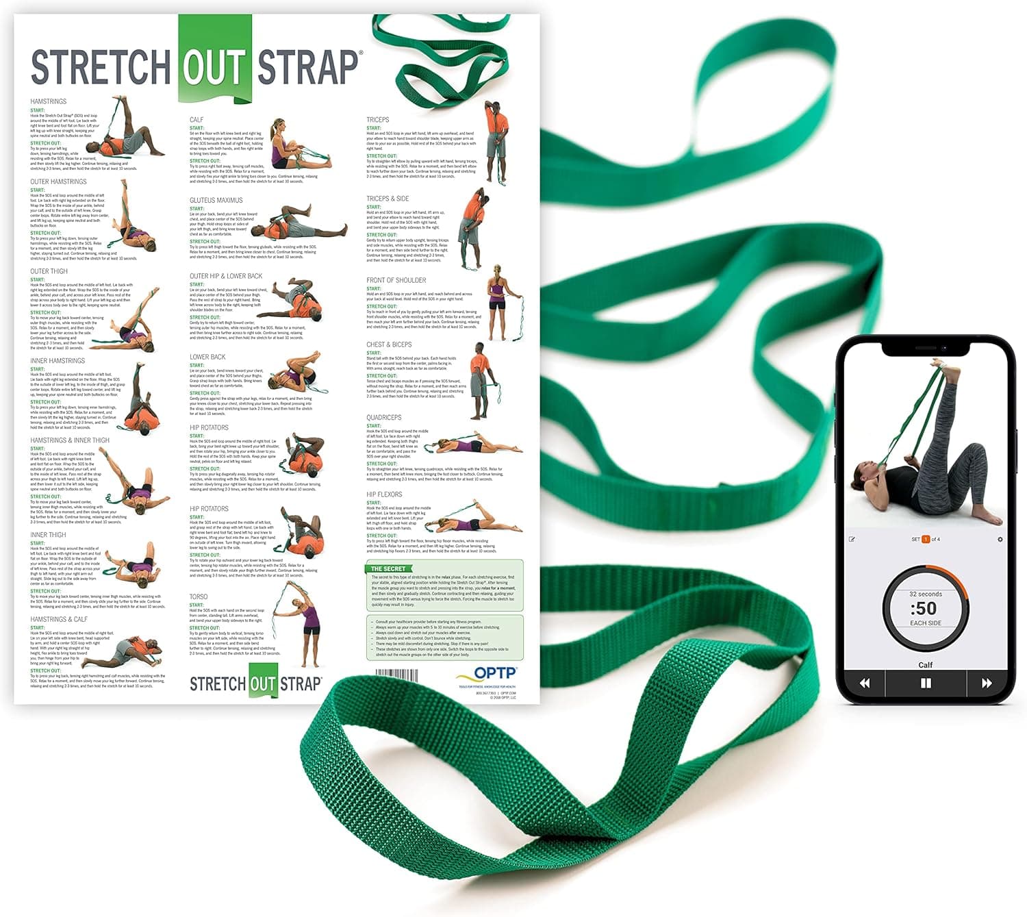 OPTP The Original Stretch Out Strap with Exercise Poster – Made in The USA Stretching Strap and Yoga Strap for Stretching, Physical Therapy Exercise and Flexibility