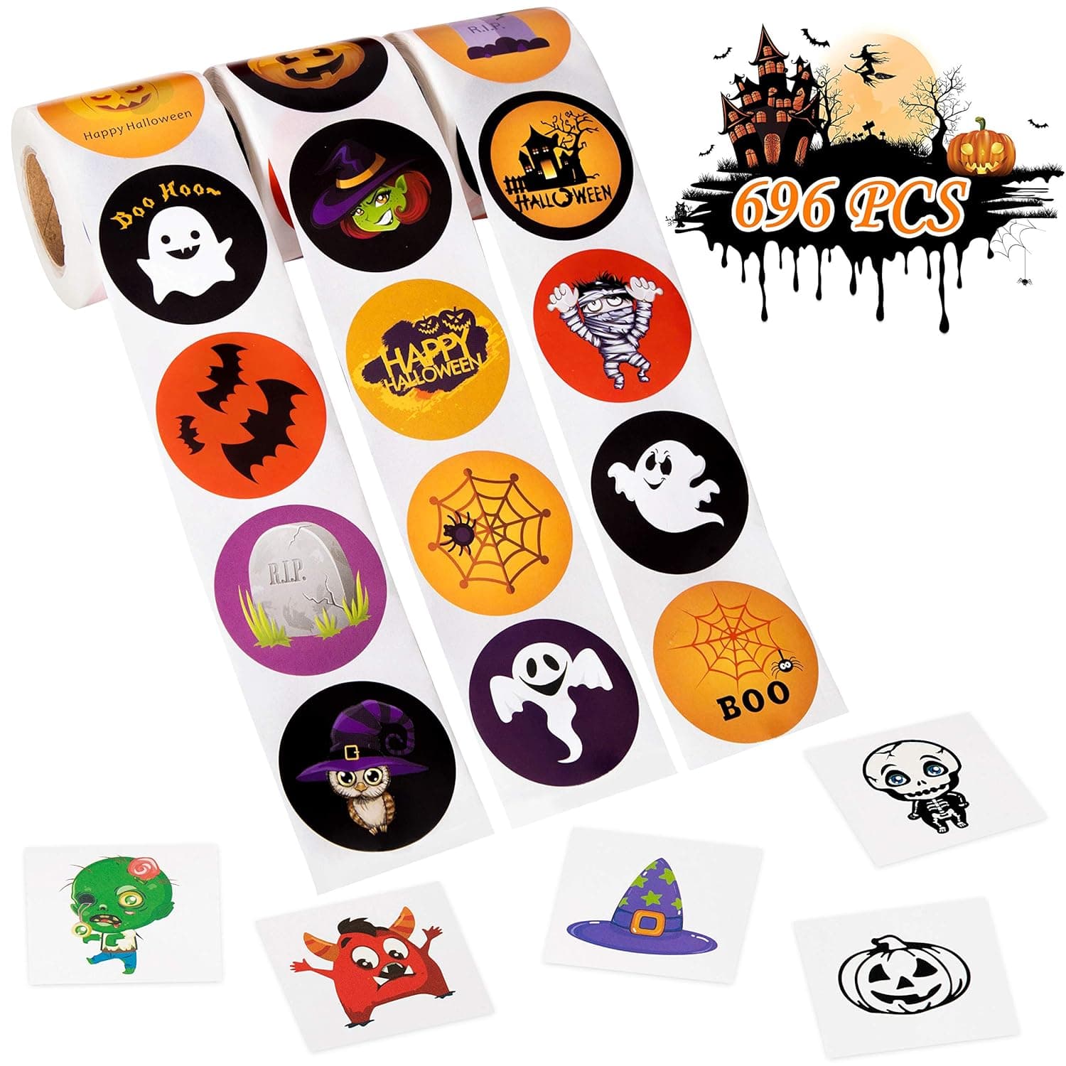 696 PCS Halloween Favors Stickers Roll Tattoos- Assorted Jack O Lantern Party Decorations Trick or Treat Goodie Bag Stuffer Filler - Pumpkin Bats Spiders Witch