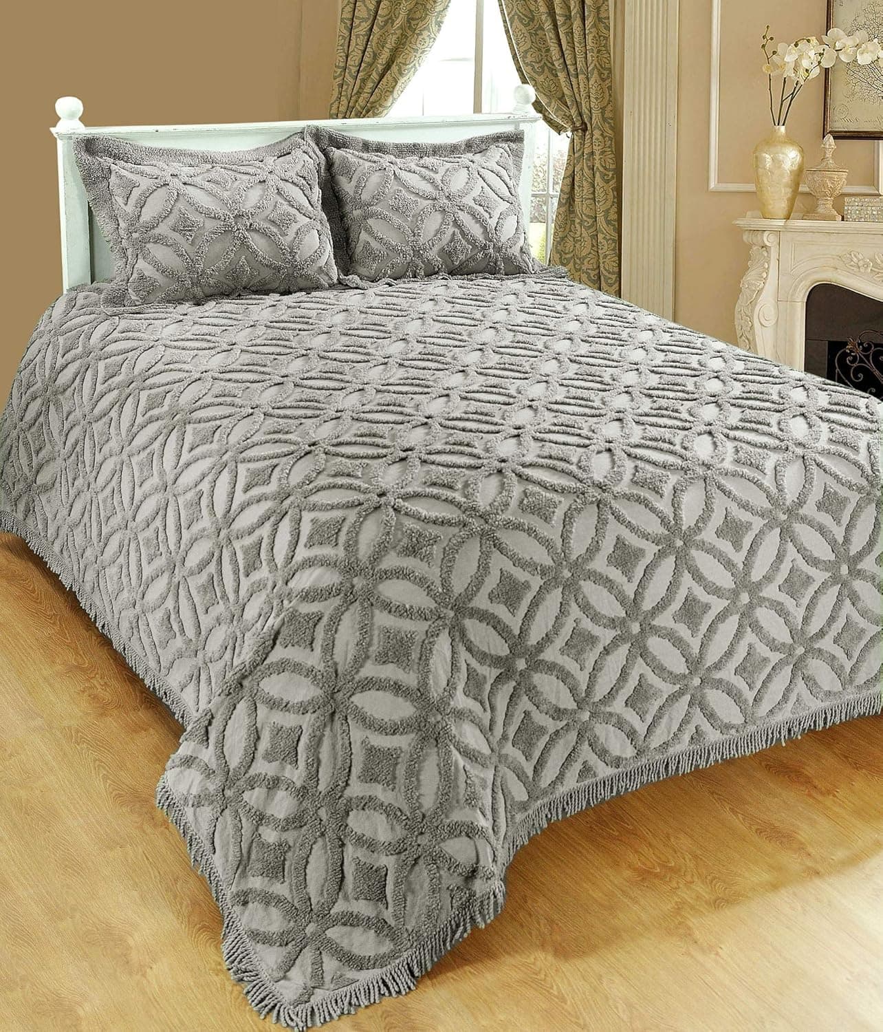 Saral Home Fashions Luxury 3pc Bohemian Bedspread Set 100% Cotton Chenille Large Medallion Coverlet Fringe Border Fluffy Chic Cozy Quilt Set Matching Standard Sham Abstract Embroider, King, Grey