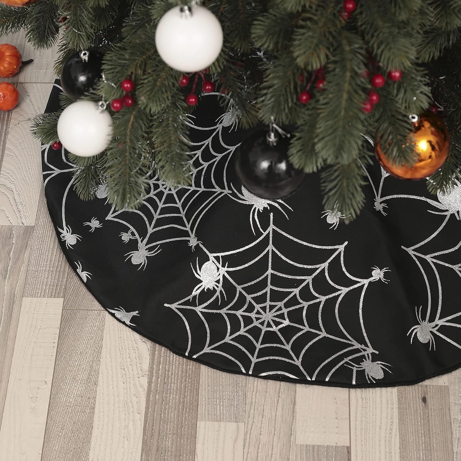 Halloween Spider Net Tree Skirt, Seasonal Tree Mat Holiday Party Supplies Ornaments Indoor Outdoor Decorations for Trees 48 Inches (Silver, 48 in)