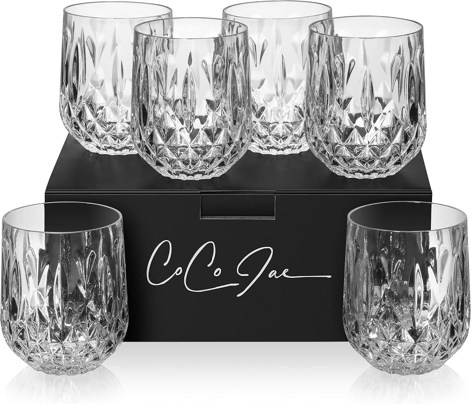 CoCoJae Plastic Stemless Wine Glasses, 12 Oz Whiskey Tumblers, Reusable Lowball Cocktail Glasses, BPA-Free, Dishwasher Safe Rocks Glass, Plastic Wine Glass & Outdoor Drinkware for Pool - Set of 6