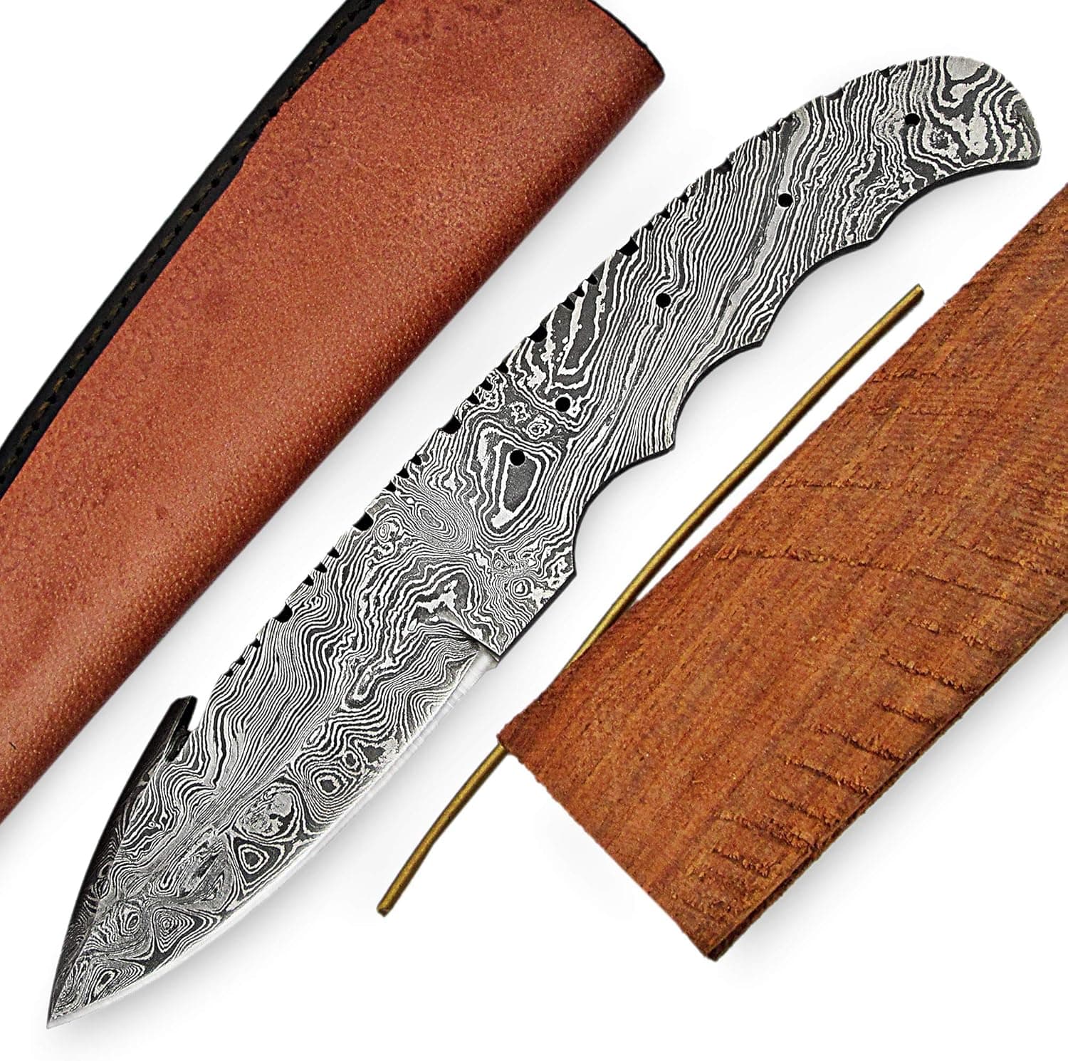 ColdLand |9.25" Hand Forged Damascus Steel Blank Blade Knife Kit for Knife Making Supplies with Handle Scales, Brass Pins and Leather Sheath UK07