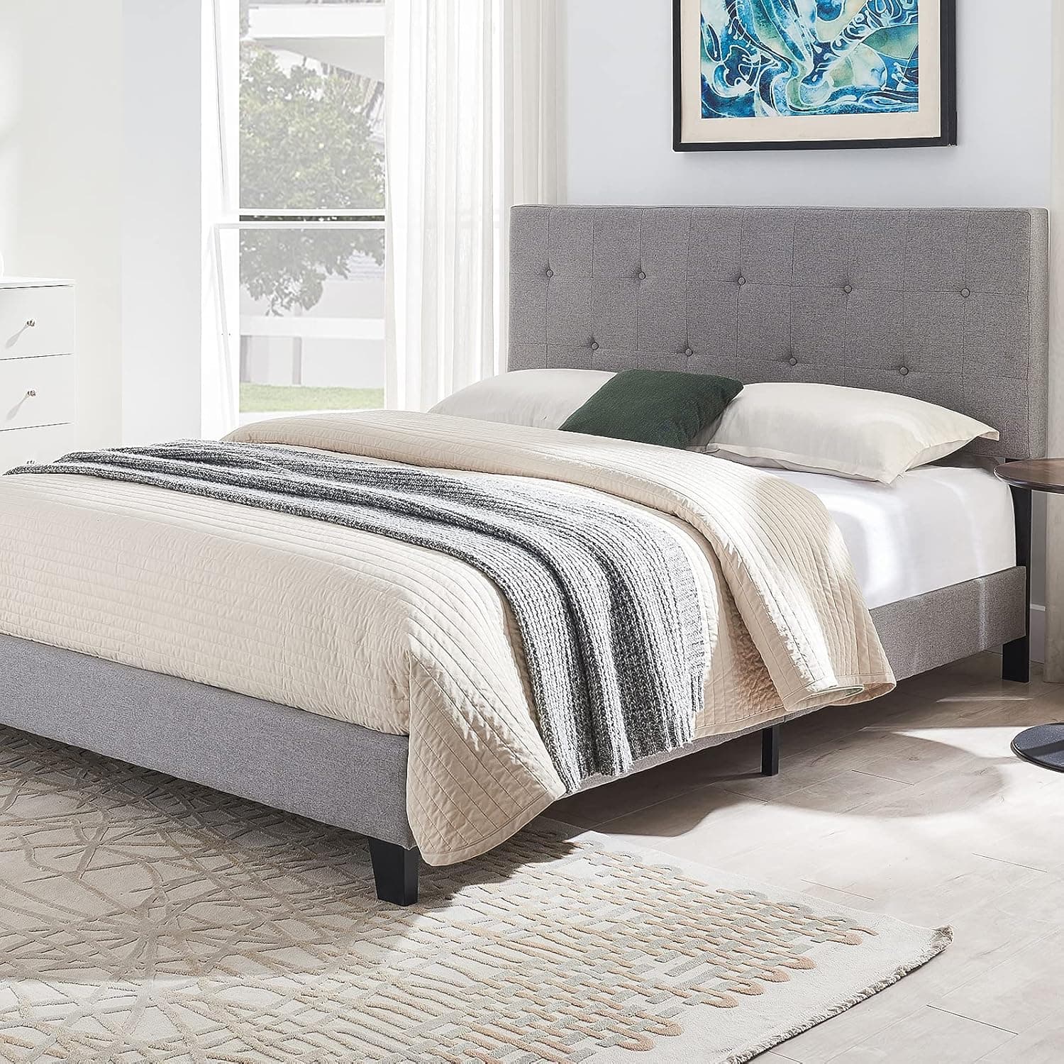Queen Size Bed Frame, Upholstered Platform Bed Frame with Button Headboard, Strong Wood Slats Support, No Box Spring Needed, Noise Free, Easy Assembly (Dark Grey)