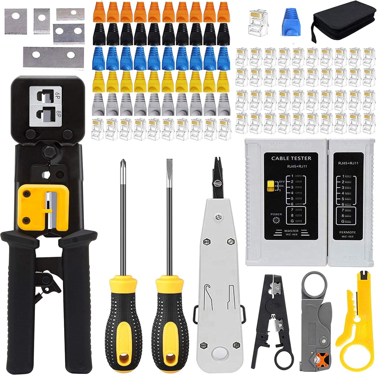 LEATBUY Cat5 Crimper Cat5e Cat6 Crimp Tool Kit RJ45 Crimping Tool Set, 50PCS Pass Through Connectors, 50PCS Covers, Network Cable Tester, Wire Punch Down Cutter(Black)
