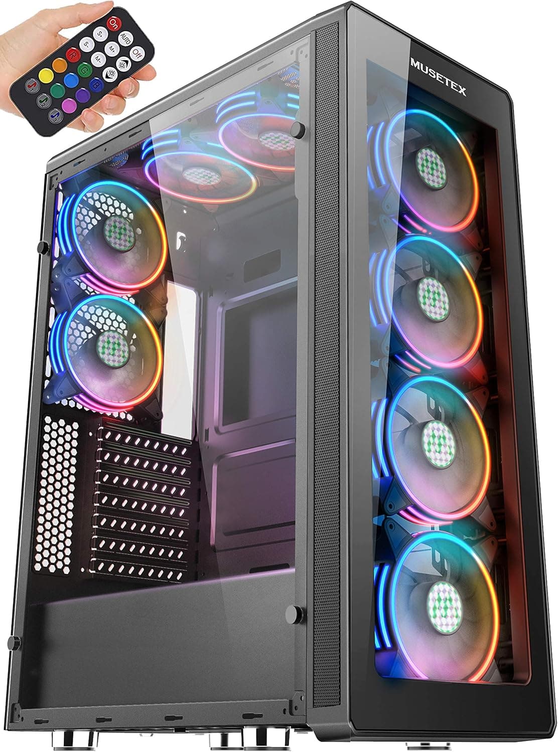 MUSETEX 8 PCS x ARGB Fans ATX Mid-Tower Computer Case with Remote Control & 2 PCS x USB 3.0 Ports Tempered Glass Panels Gaming PC Case Computer Chassis(T400-MS8)
