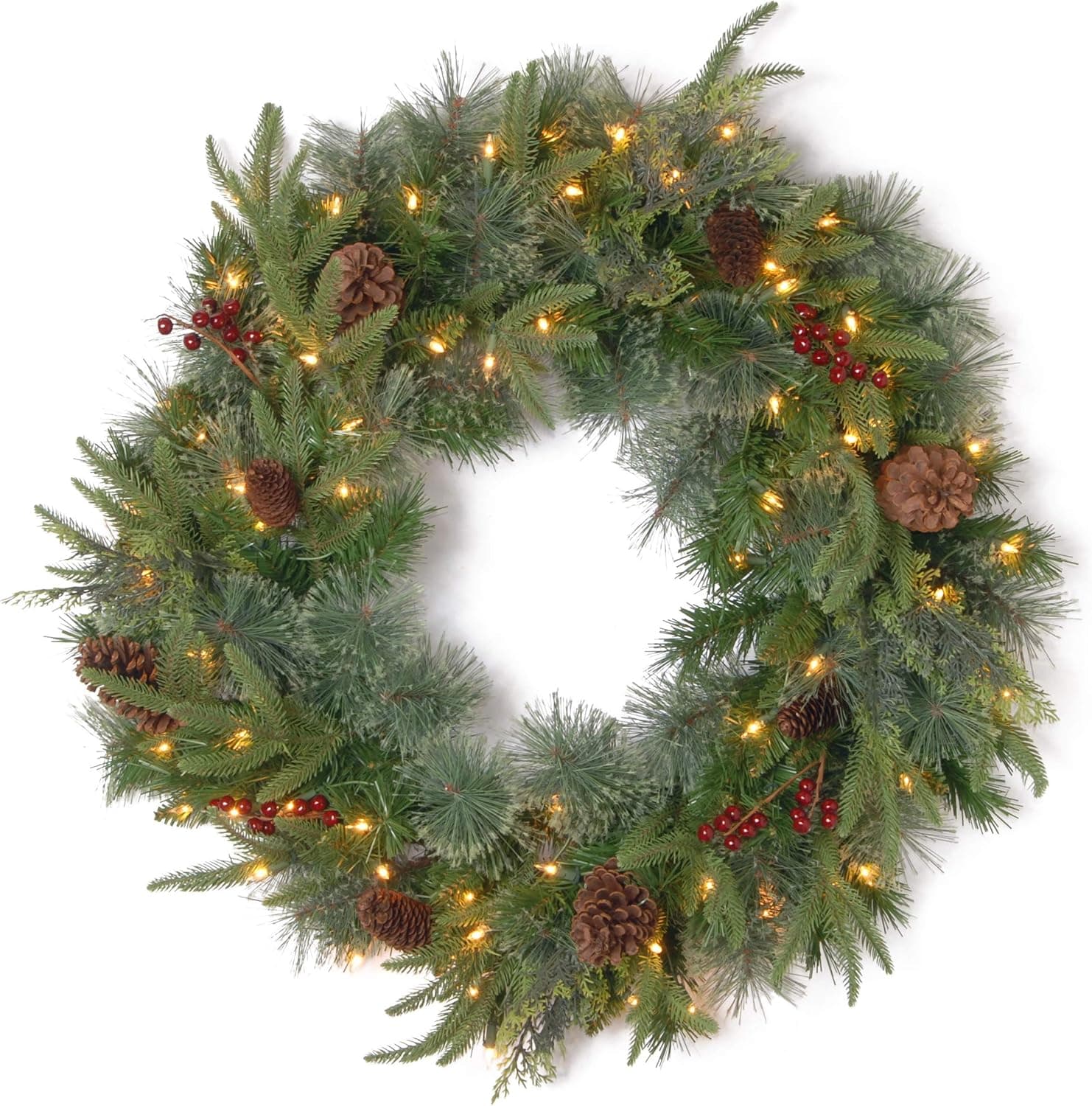National Tree Company Pre-Lit Artificial Christmas Wreath, Green, Colonial Fir, White Lights, Decorated with Pine Cones, Berry Clusters, Christmas Collection, 24 Inches
