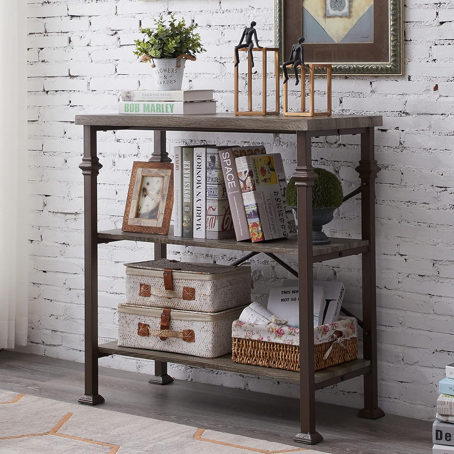 RODARI 3-Tier Bookcases and Book Shelves, Decorative Tall Bookshelf,Storage Shelf Organizer Bookcase for Home Office Study Free Standing Grey