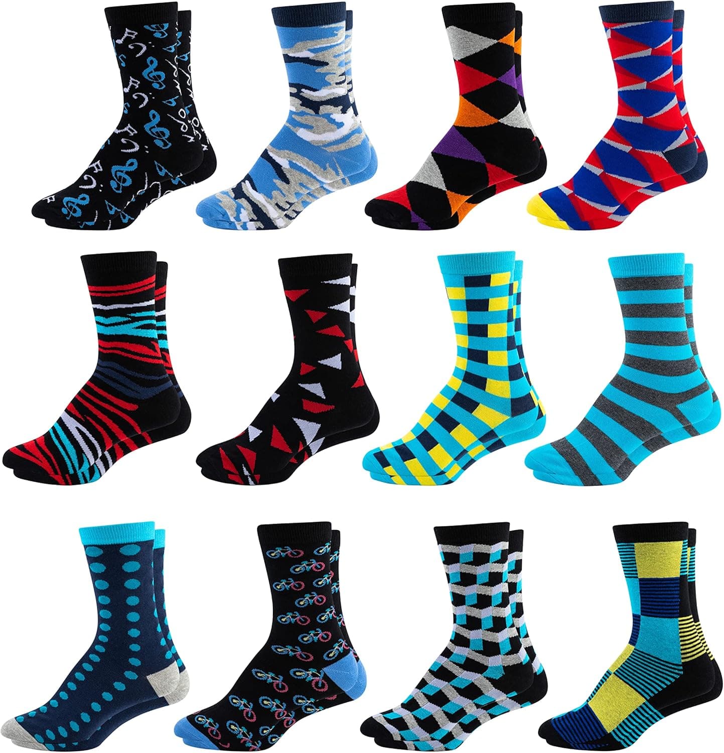 Mitch Bogen Men's Colorful Dress Socks - Fun Patterned Funky Crew Socks For Men - 12 Pack