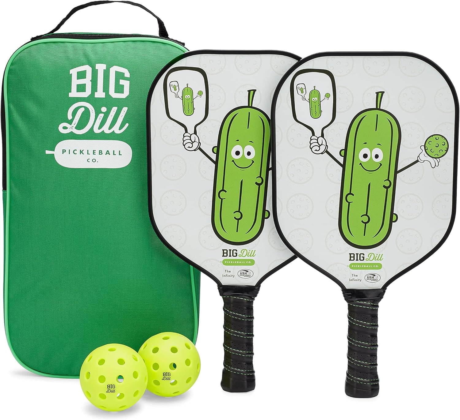 Big Dill Pickleball Co. Pickleball Paddles Set -- Includes 2 USA Pickleball-Approved Paddles with Neoprene Covers, 2 Pickleballs & Carry Bag