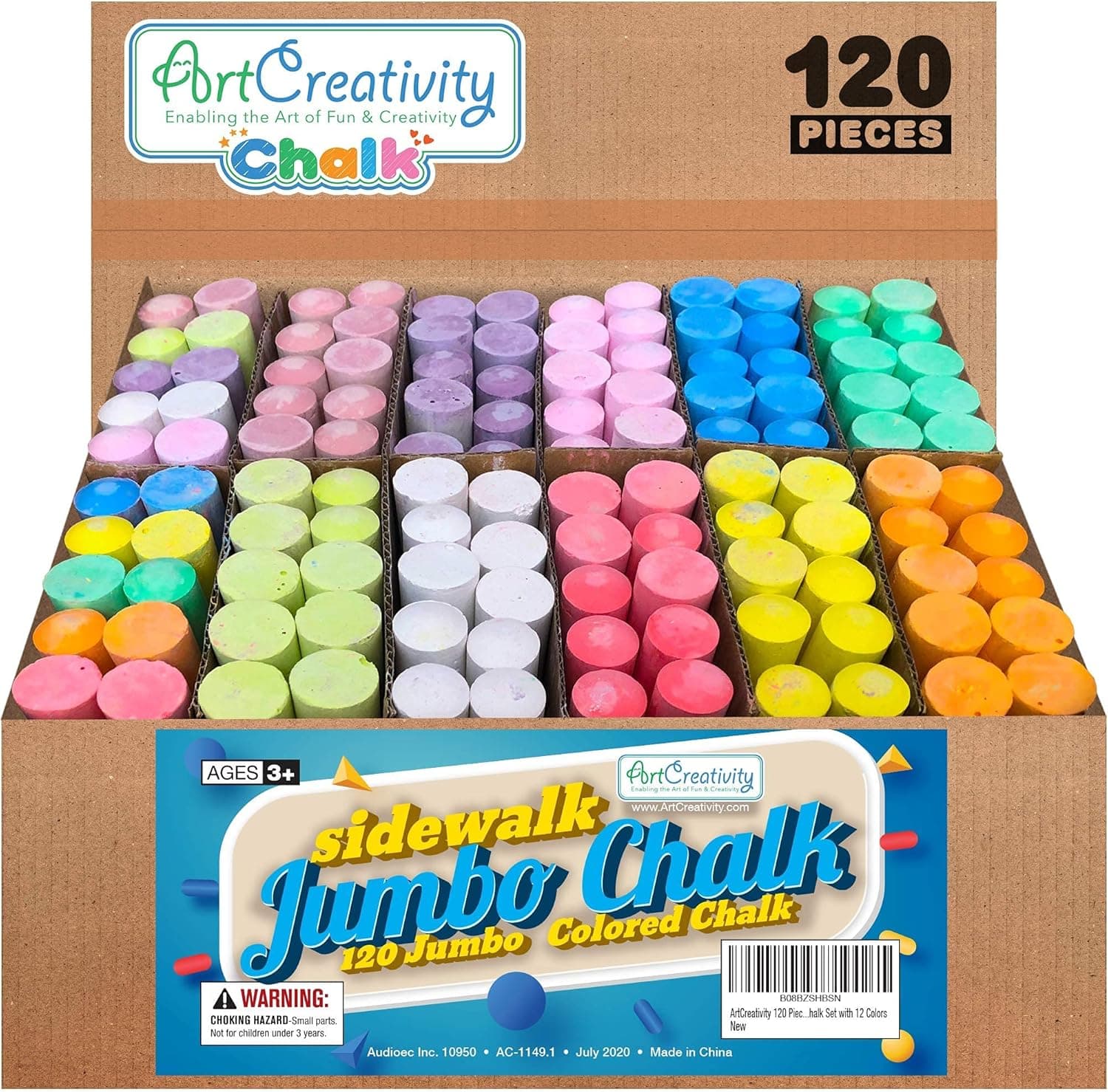 ArtCreativity Jumbo Sidewalk Chalk Set for Kids, Giant Box of 120 Colorful Chalk Pieces, Non-Toxic, Dust-Free, Washable Chalk in 10 Colors, For Driveway, Pavement, Outdoors, Great Arts & Crafts
