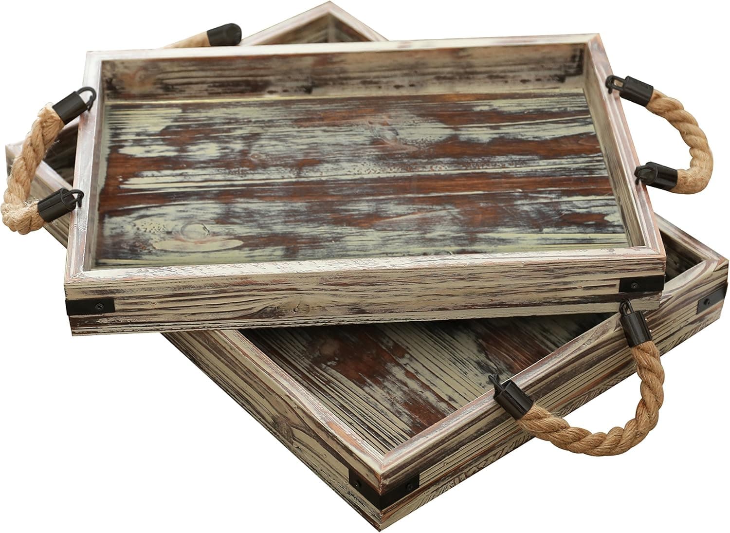 MyGift Country Rustic Torched Wood Rectangular Coffee Breakfast Serving Tray with Rope Handles, Set of 2
