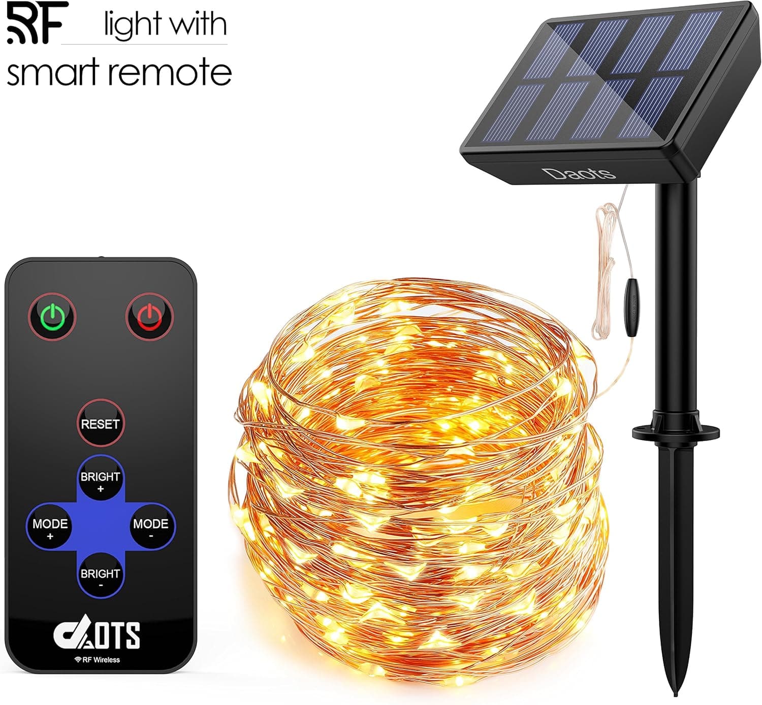 DAOTS Solar String Lights Outdoor Waterproof 100 LED Fairy Christmas Lights, Decorative Copper Wire String Lights Solar Powered with Remote 8 Modes for Garden Patio Tree (Warm White, 33ft) (1 Pack)