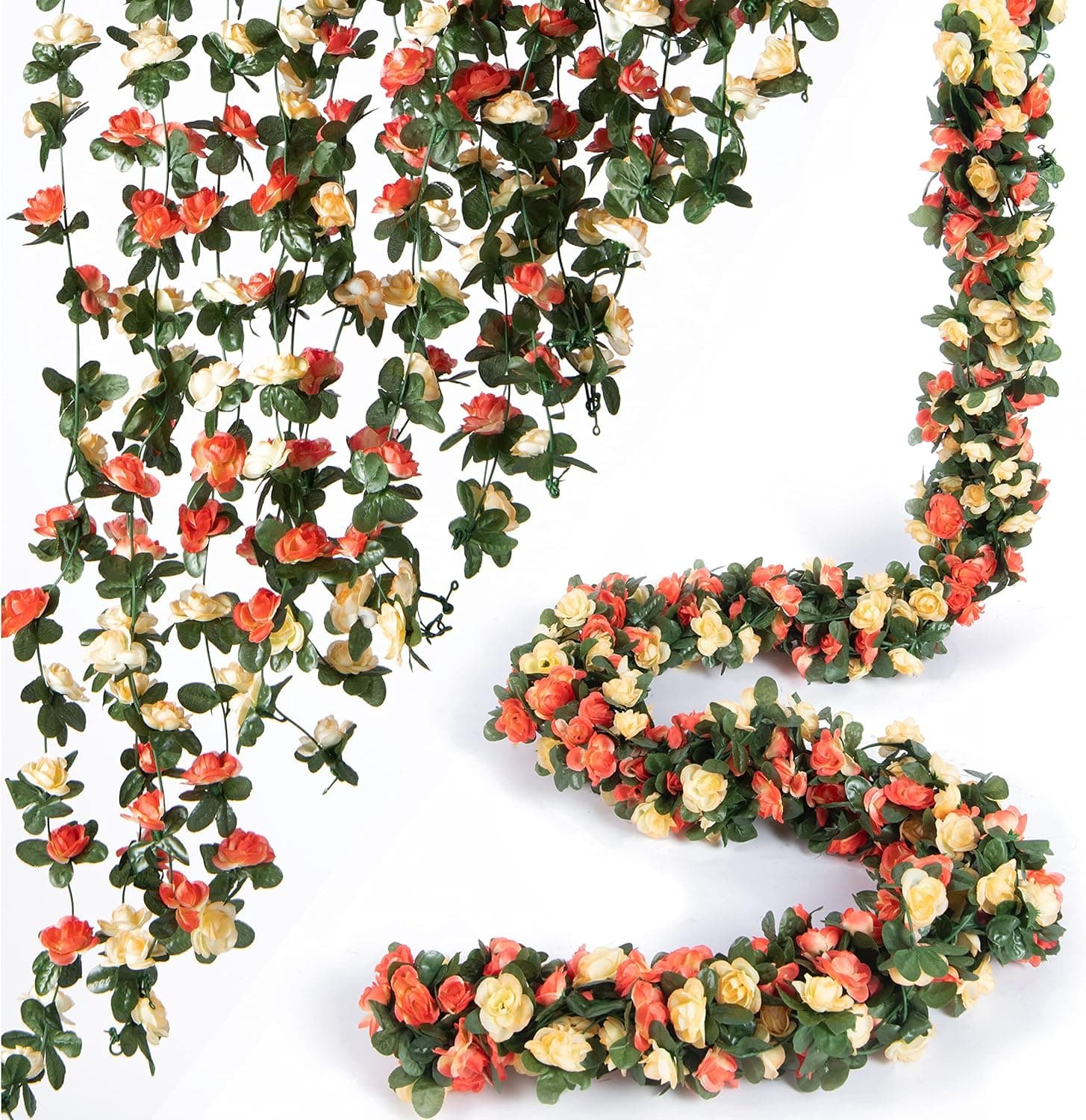 PONKING 8 Pcs 66FT Flower Garland, Artificial Rose Vine Flowers with Green Leaves, Hanging Fake Roses Vine for Room Anniversary Wedding Birthday Christmas Wall Arch Decor, Champagne Flower