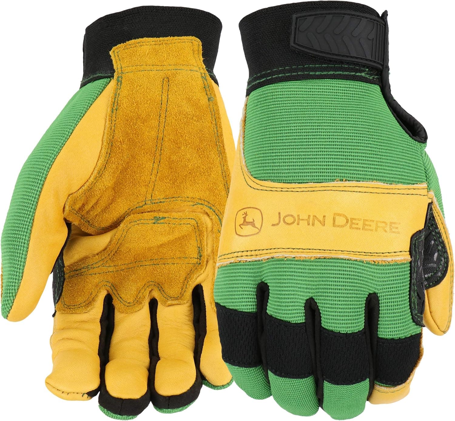 John Deere JD00009 Leather Gloves - X-Large, Grain Cowhide Leather Palm, Spandex Back, Hook and Loop Wrist