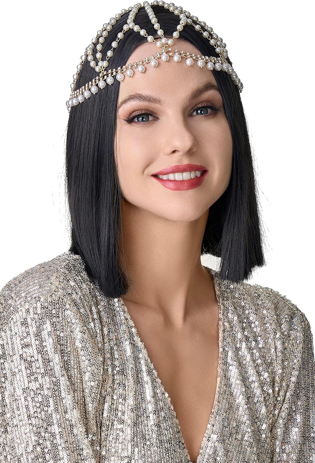 BABEYOND 1920s Crystal Cap Headpiece Rhinestone Head Chain Roaring 20s Great Gatsby Hair Accessories for Art Deco Party