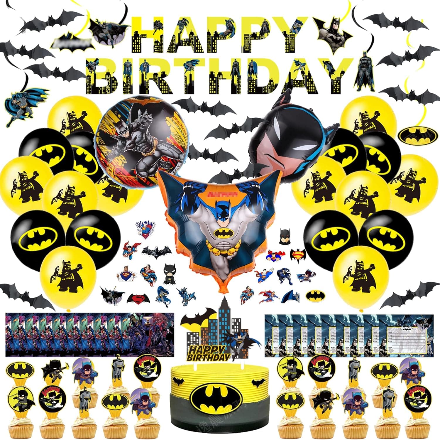 125 Pcs Birthday Party Supplies for Girls, Bat-Man Party Decorations, Birthday Decorations includes Happy Birthday Banner, Balloons, Hanging Swirls, Cake Topper, Stickers,invitation card