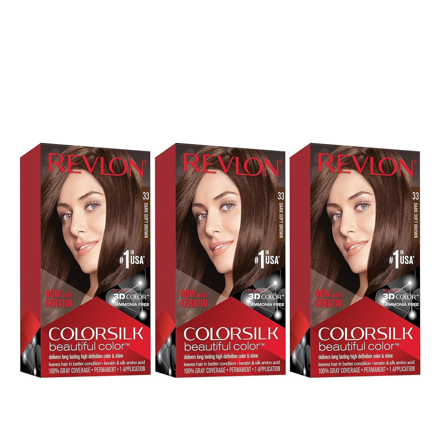 Permanent Hair Color by Revlon, Permanent Hair Dye, Colorsilk with 100% Gray Coverage, Ammonia-Free, Keratin and Amino Acids, 33 Dark Soft Brown, 4.4 Oz (Pack of 3)