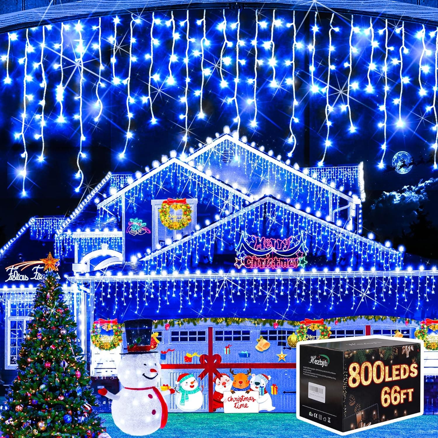 Hezbjiti Christmas Lights Decorations Outdoor, 800 LED 65.6 FT 8 Modes 150 Drops Fairy String Curtain Lights for Christmas Decor Eaves Window Party Yard Garden Indoor (Blue)