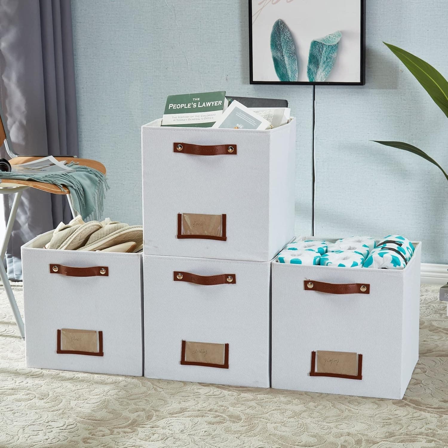 13" Cube Collapsible Sturdy Storage Bin W/ Card Holder - Creamy White