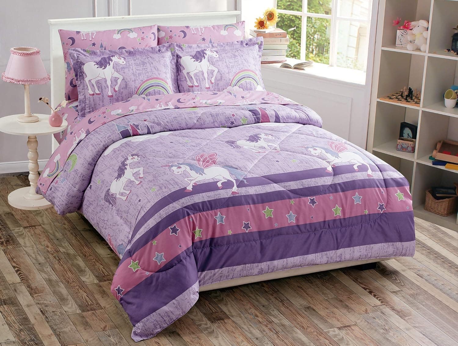 Home Collection Twin Size Comforter and Sheet Set Unicorn Castle Rainbow Lavender Pink Purple Multi-Color for Girls Teens New # Unicorn Lavender v