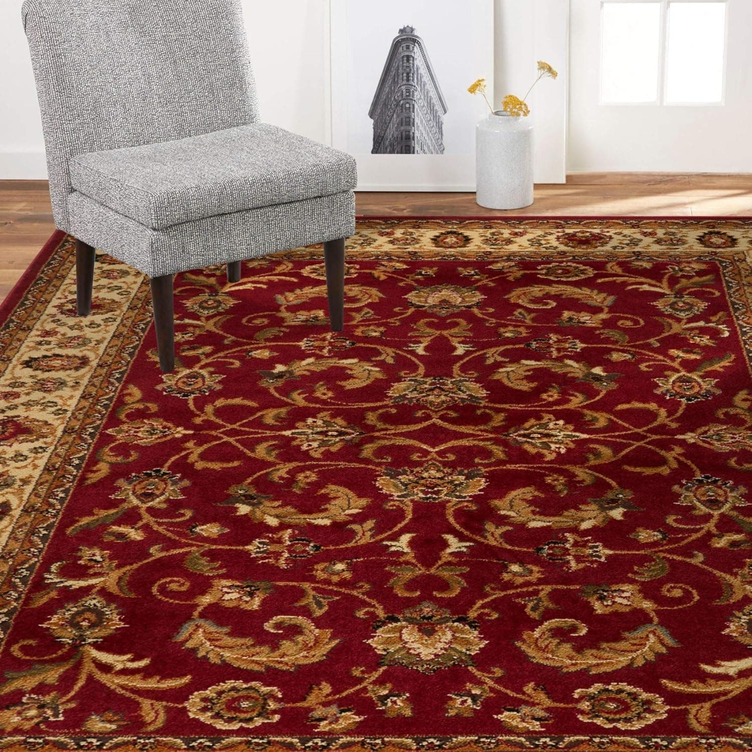 Home Dynamix Royalty Elati Traditional Ornate Damask Area Rug, 5 ft 2 in x 7 ft 2 in, Red-Ivory