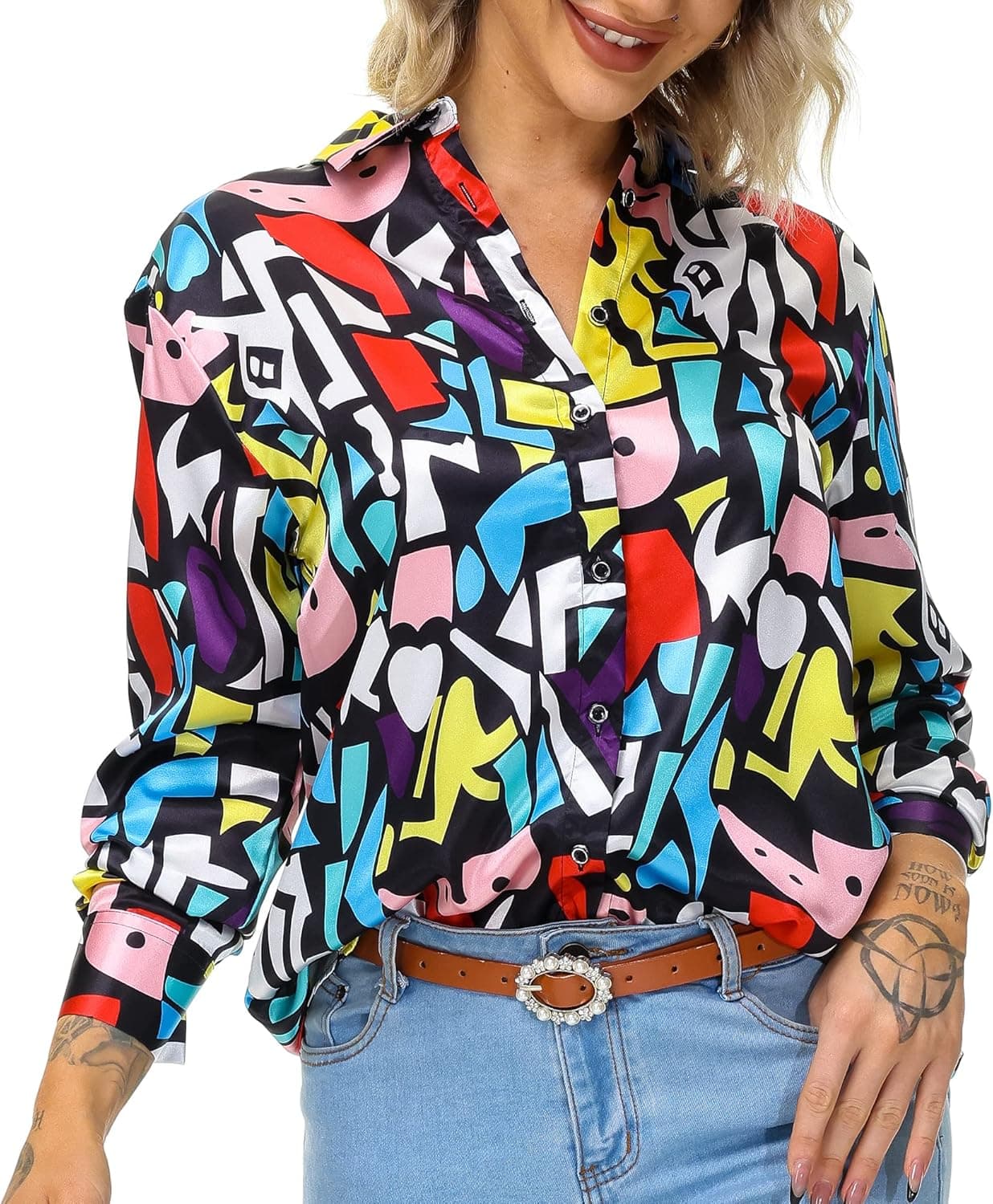 Masoudka Long Sleeve Button Down Blouses for Women Casual Print Shirts V Neck Tops （XS-3XL）