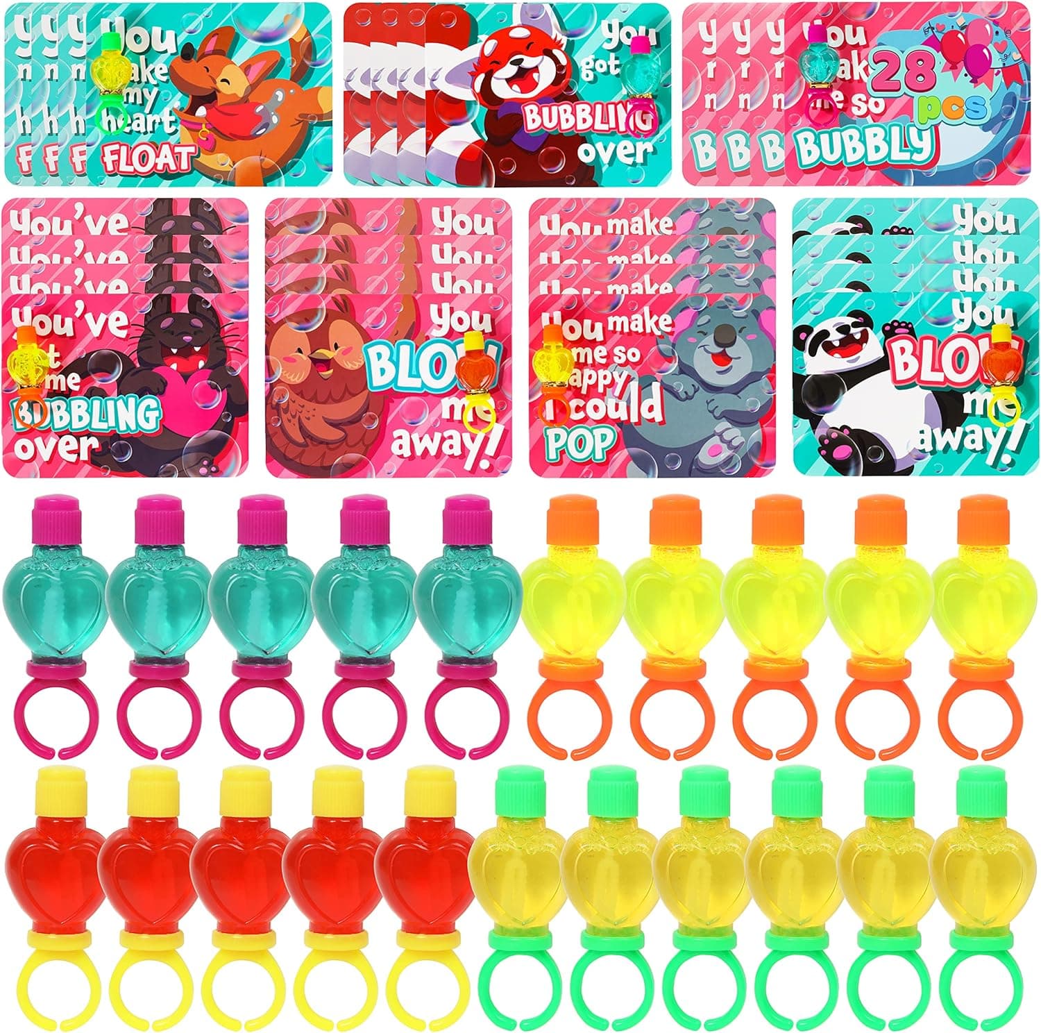 JOYIN 28 Packs Valentines Day Mini Bubble Bottles Ring with Bubble Solution for Kids Party Favor, Classroom Exchange, Game Prizes, Valentine’s Gift Cards