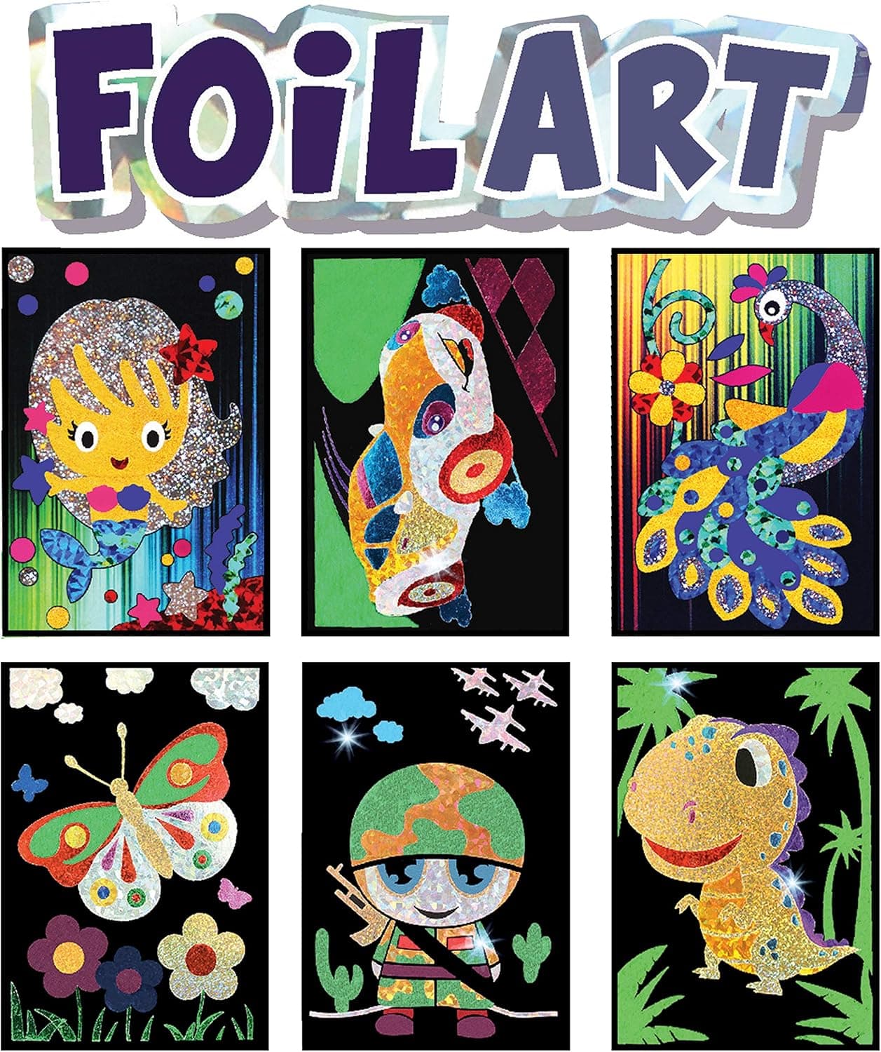 VHALE Foil Art Sticker Picture Kit, with 6 Pictures (9.5 x 6.5 inch), 64 Foil Sheets and 6 Skewers, Peel and Paste Sparkly Foil Art, Classroom Arts and Crafts, Great Travel Toys, Party Favors for Kids