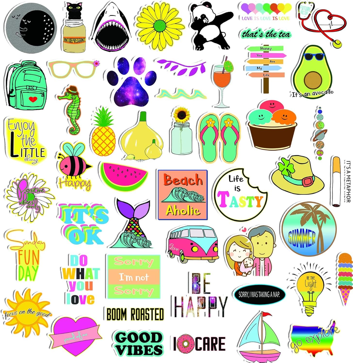 TreeArm Stickers Set of 50 Cute Vsco Stickers, Laminated Water Proof Reusable Vinyl Material Water Bottle Stickers Pack of 50x for Teens Hydro Flask, Girls Water Bottle, 2.0-3.0 Inch Size