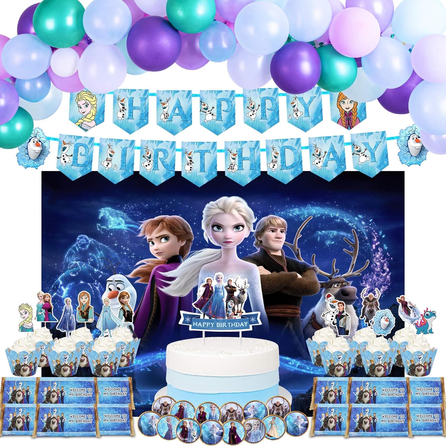 Frozen 2 Party Supplies Set -132pcs Birthday Decorations,Frozen 2 Photography Background Set includes Happy Birthday Banner,Photography Backdrop,Cake Toppers,Cupcake Toppers and Wrappers,Chocolate Stickers,Foil Balloons,Latex Balloons Set