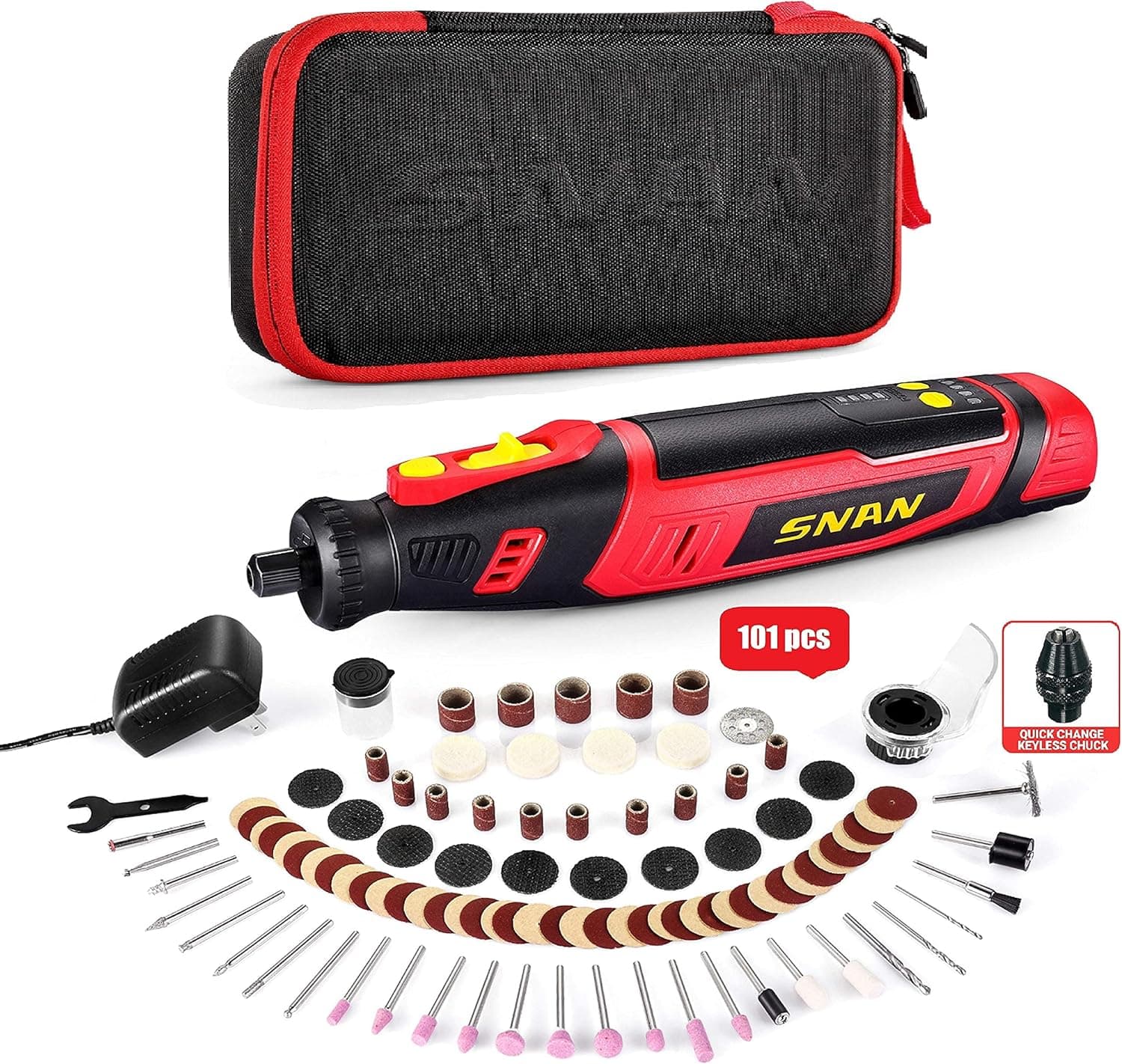 Cordless Rotary Tool, SNAN 8V Power 2.0 Ah Li-ion Battery with 100 Accessories and Shield Attachment, Long Endurance Power- Perfect for Sanding, Grinding, Cutting and Engraving -SERTD03