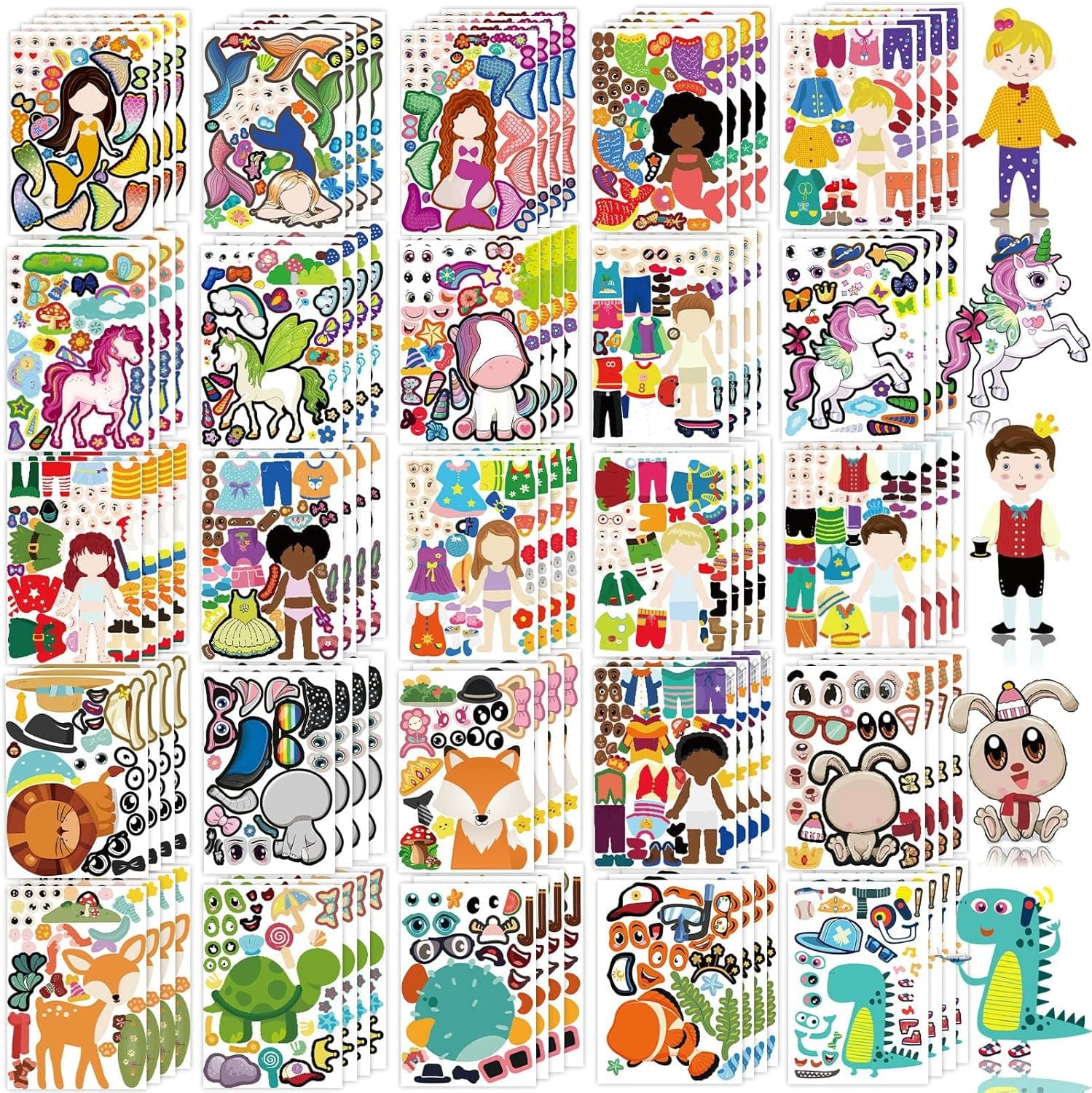 100 Pack Make Your Own Stickers for Kids with 25 Designs, DIY Make Animal Face Stickers, Funny Unicorn Mermaid Princess Prince Face Stickers Sheets, Party Festival Favor Family School Reward Art Craft