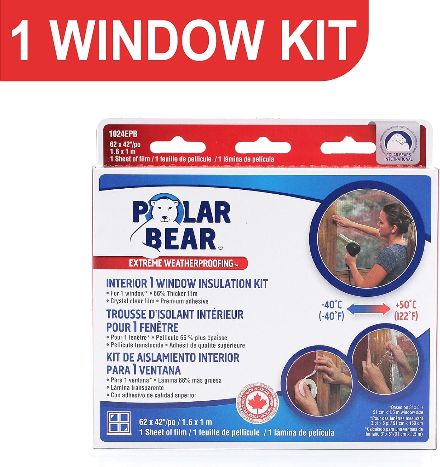 Polar Bear Weatherproofing EXTREME 1 Window Insulation Film Kit - 64 Inch x 42 Inch - 66% Thicker - Crystal Clear Film