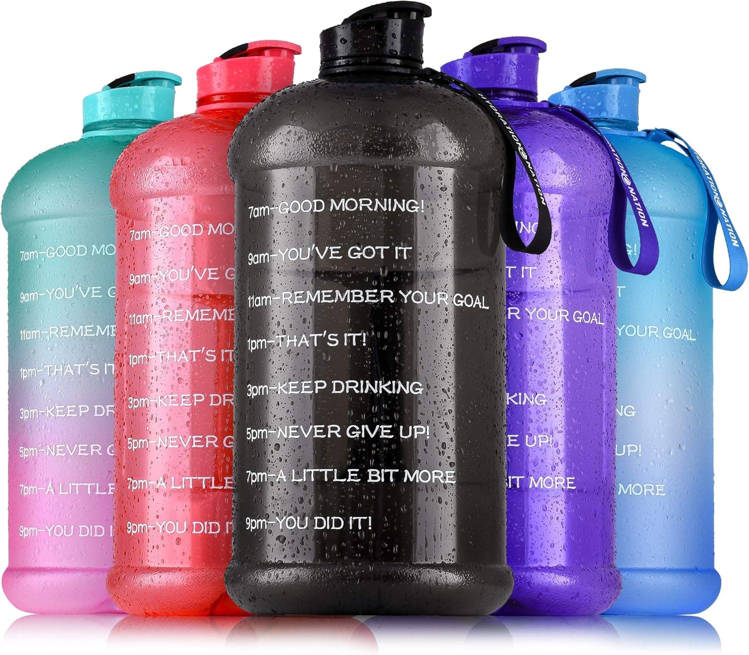 Hydration Nation 1 Gallon Water Bottle with Times to Drink (128oz) – Motivational Time Reader Large Water Jug – Leak-Proof Gallon Water Jug w/Flip Cap & Strap - Water Jug with Time Marker for Sports