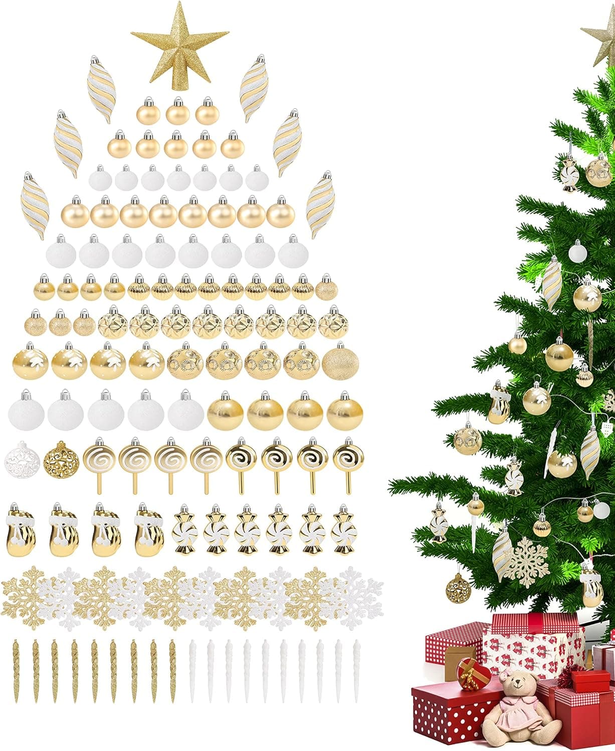 130ct Assorted Christmas Ball Ornaments - Shatterproof Bling-Bling Decoration Hanging Baubles Set with Hand-held Gift Package for Holiday Xmas Tree Wedding Party Decorations, Gold & White