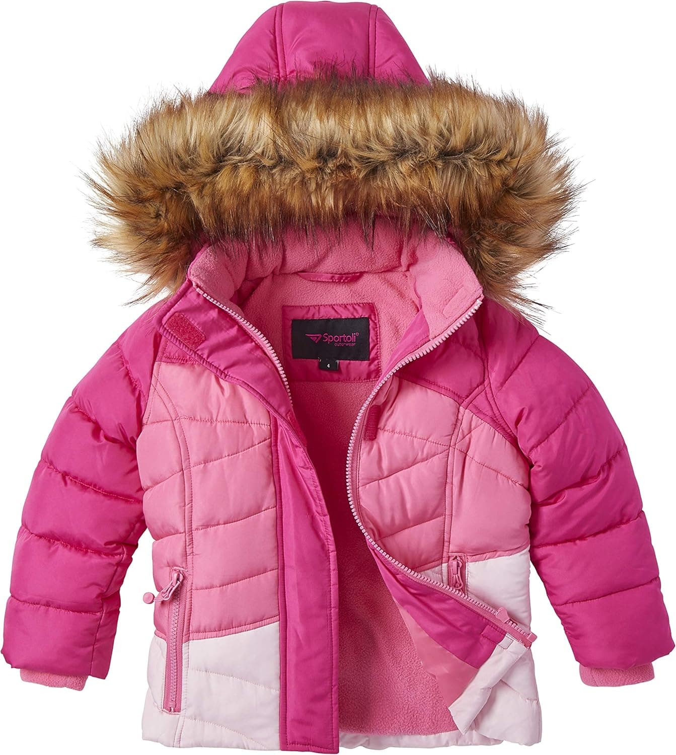 Girls’ Colorblock Fleece Lined Winter Quilt Puffer Jacket Coat Zip-Off Fur Hood