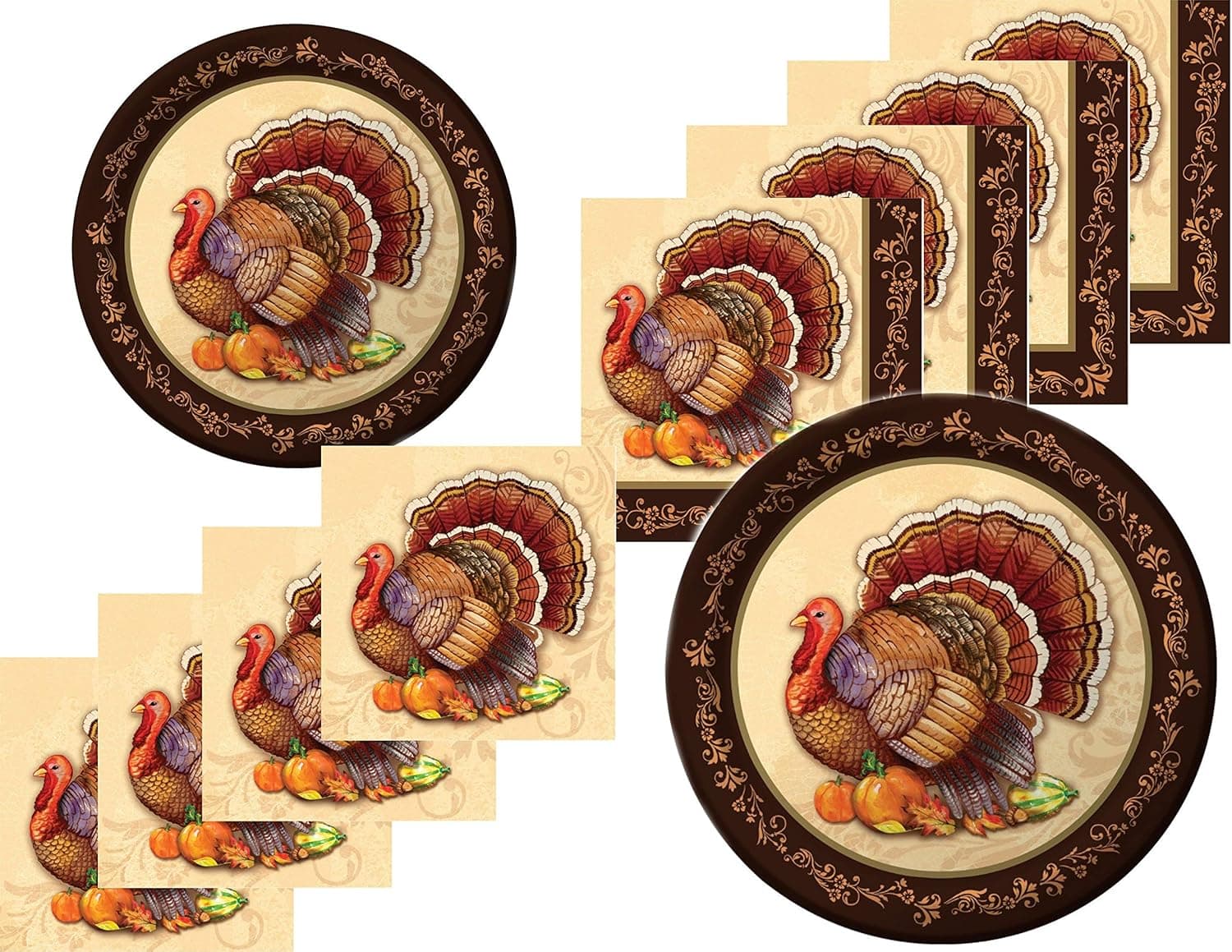 Thanksgiving Turkey Fall Plates and Napkins Bundle for 16 Guests - Thanksgiving Splendor