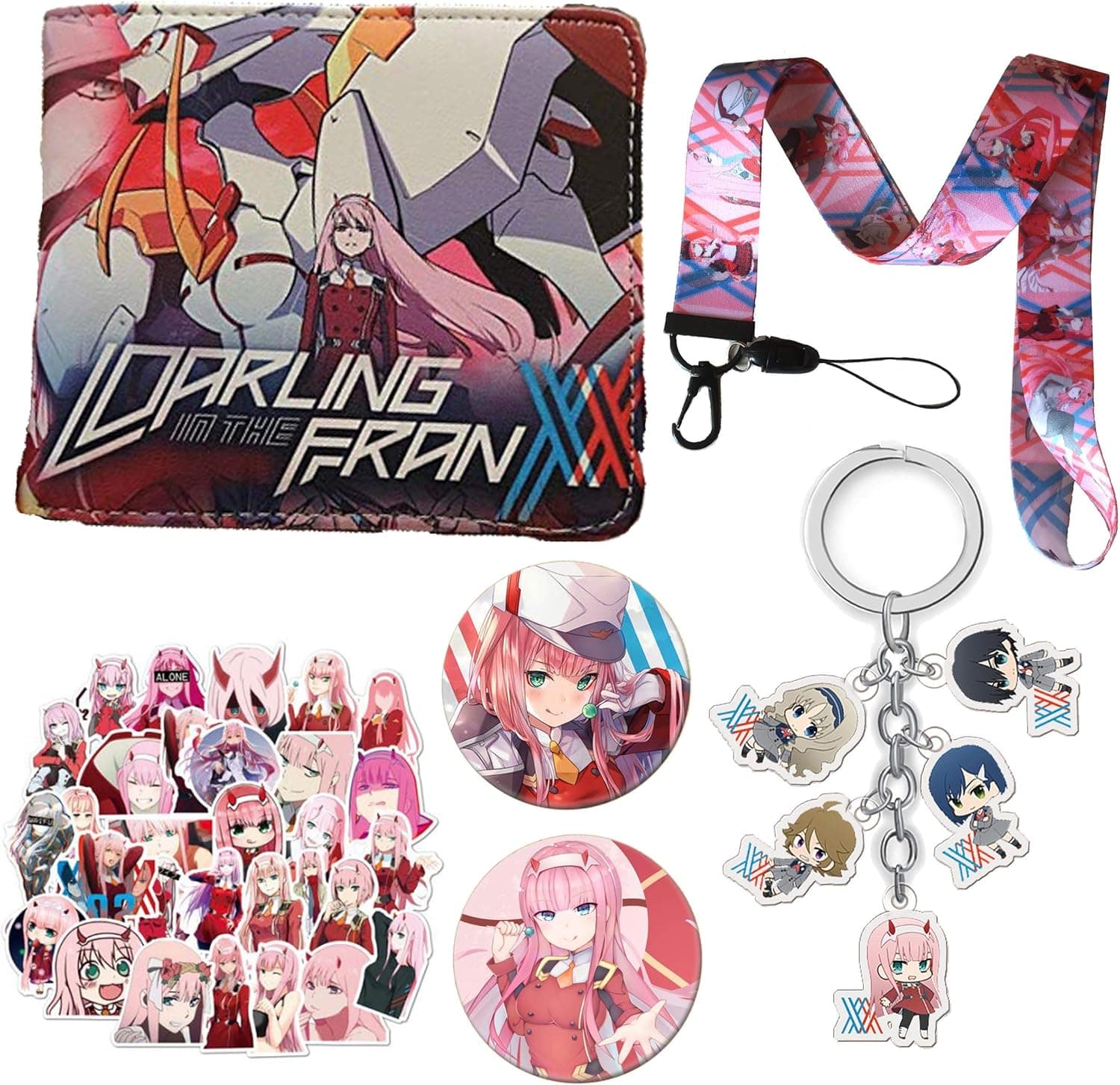 Darling in The Franxx Gift Sets, Anime Sticker Sets, Including Darling in The Franxx Wallet, Keychain, 50Pcs Darling in The Franxx Stickers, 2Pcs Button Pins, Lanyard