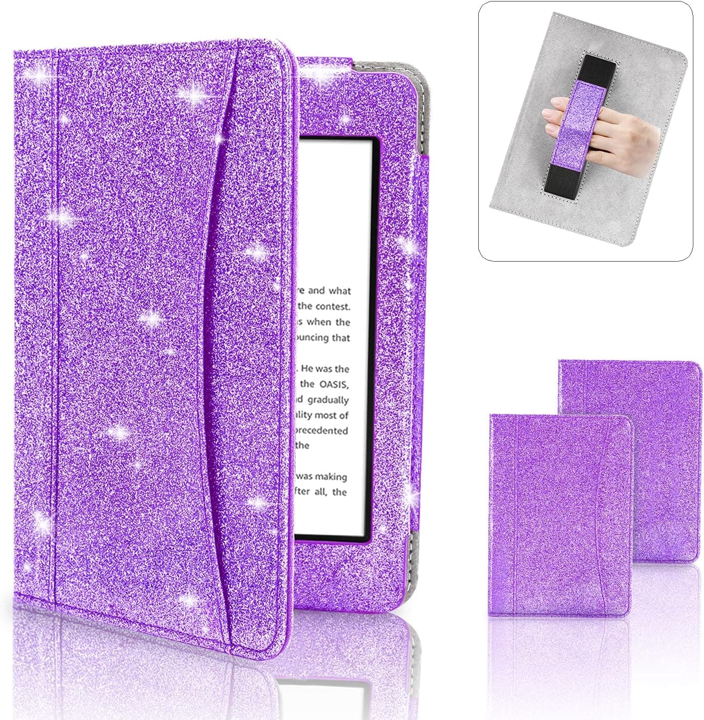 (Not Fit for Kindle 2019) CLARKCAS Kindle Paperwhite 2018 10th Generation Glitter Case , Folio Smart Leather Cover with Auto Sleep /Wake for Kindle Paperwhite 2018 with Hand Grip Strap, Sparkle Purple