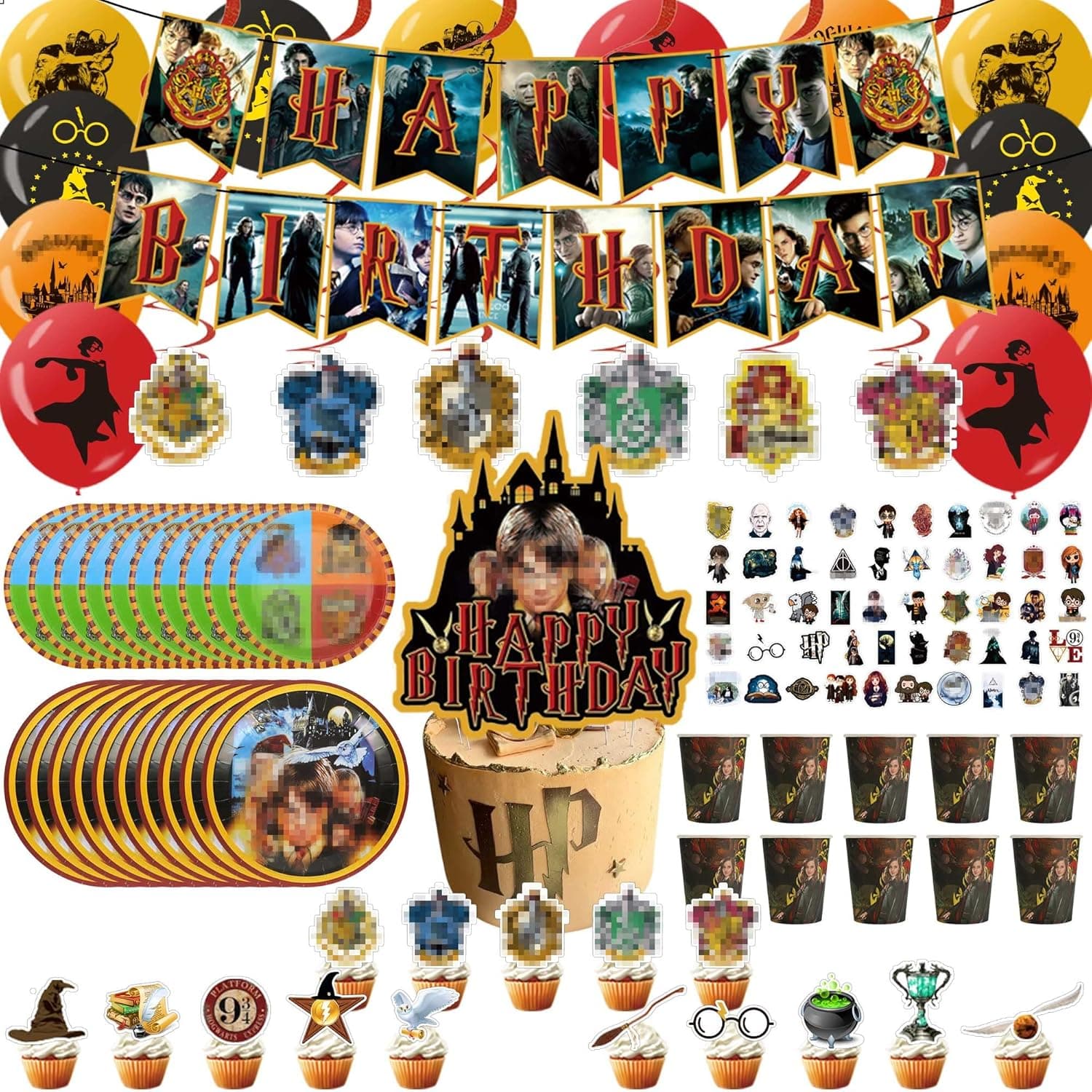 129PCS Magical Wizard Party Supplies, Magic School Party Include Banner, Cake & Cupcake Toppers, Wizard Balloons, Hanging Swirls, Plates, Cups, Stickers for Christmas Gift Party Supplies Favors