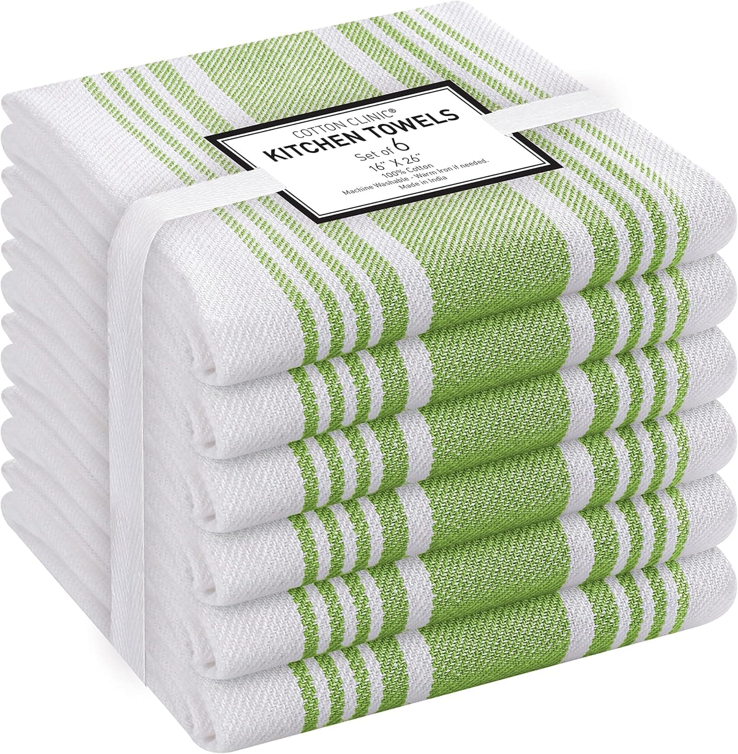 Cotton Clinic Farmhouse Stripe Kitchen Dish Towels Set of 6 Extra Large 18x28, Dish Cloths, Bar Towels, Tea Towels and Cleaning Towels, Kitchen Towels with Hanging Loop, Green White