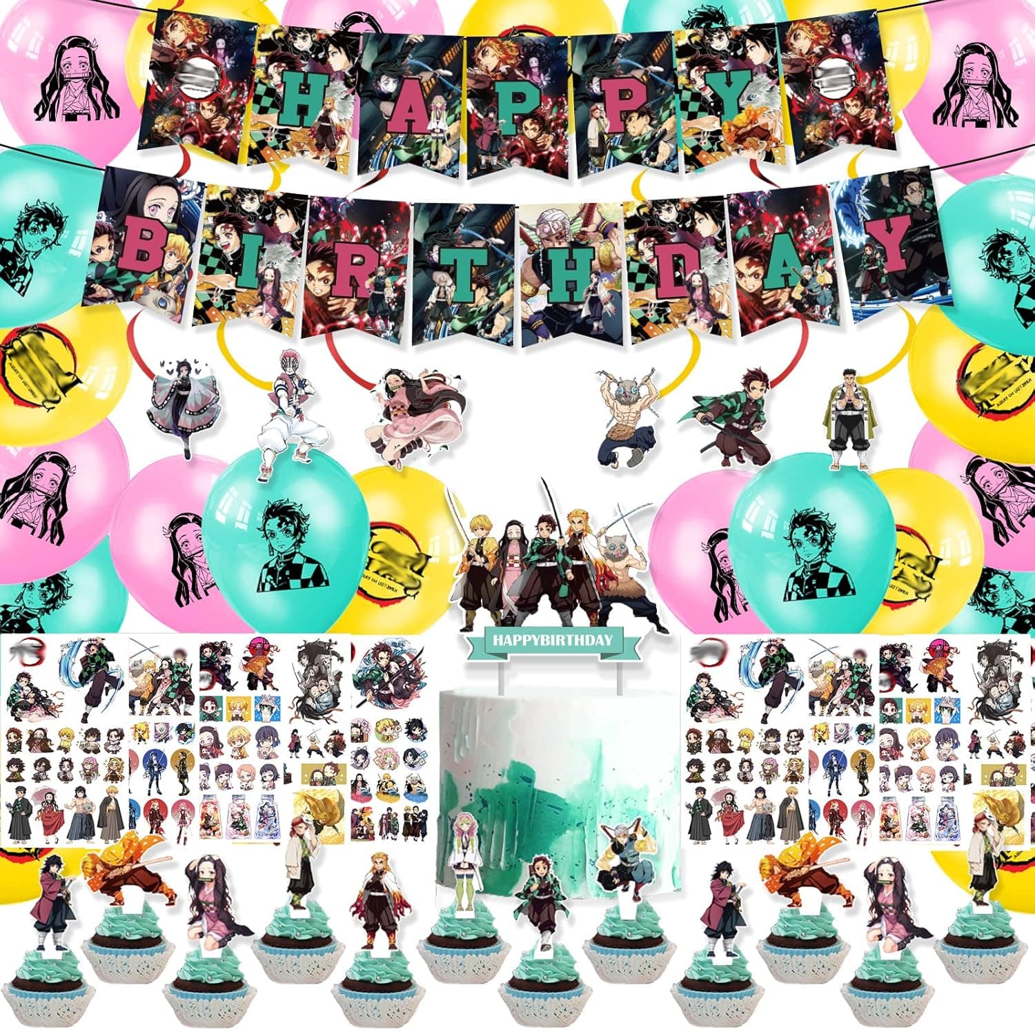 66PCS Demon Slayer Green Birthday Party Supplies Include Happy Birthday Banner, Cake Topper, Cupcake Toppers, Latex Balloons,Hanging Swirls,Tattoo Stickers